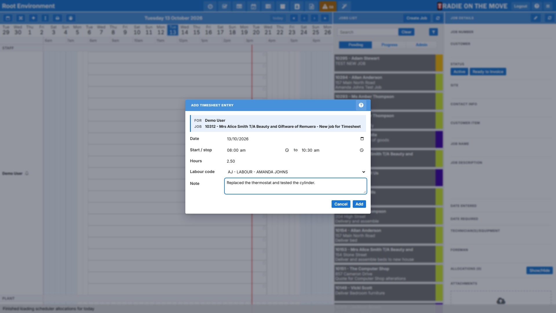 The Add timesheet entry dialog, with a note typed under Labour code