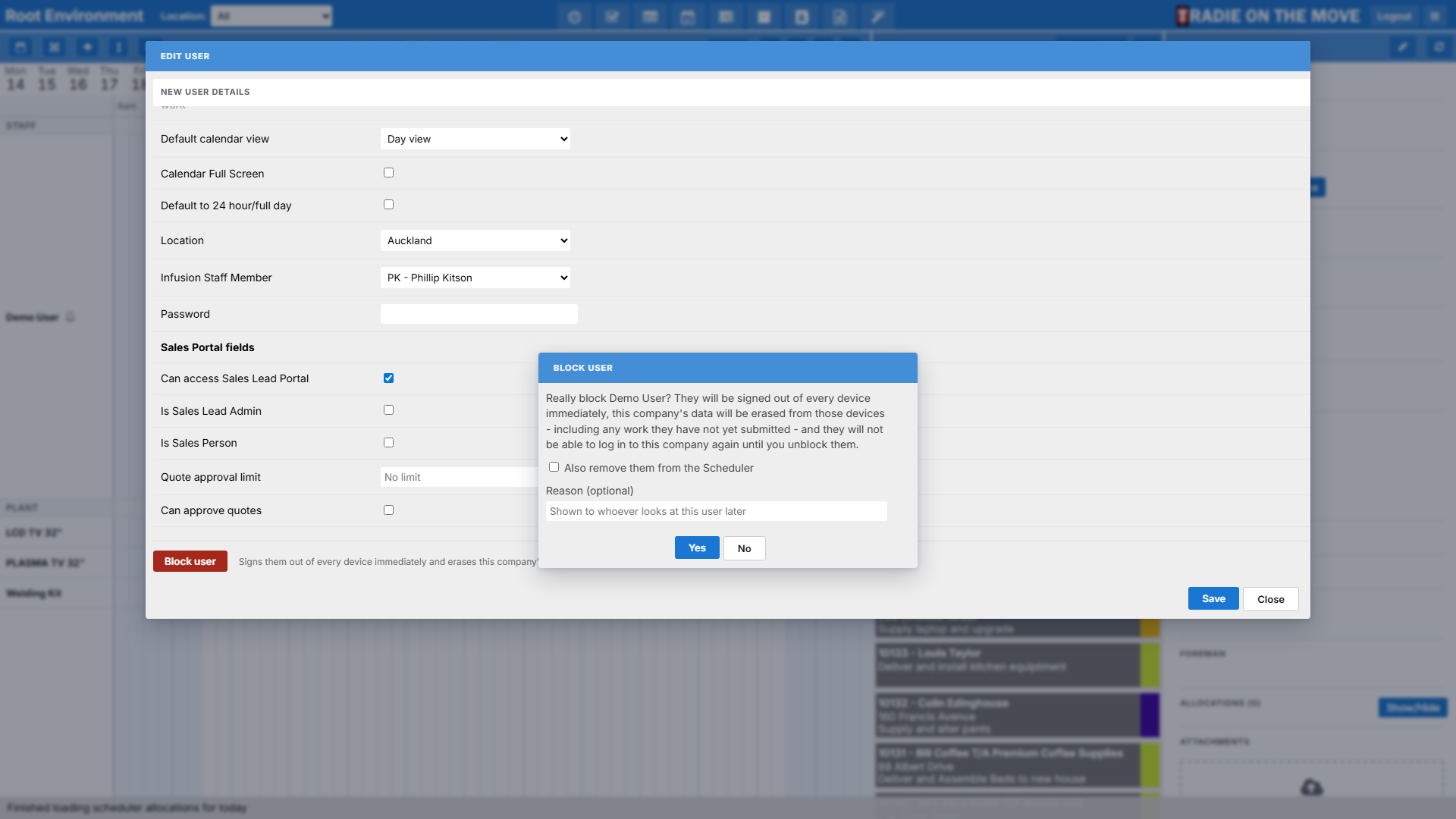 The Block User confirmation, showing the warning, the Scheduler tick box and the reason field