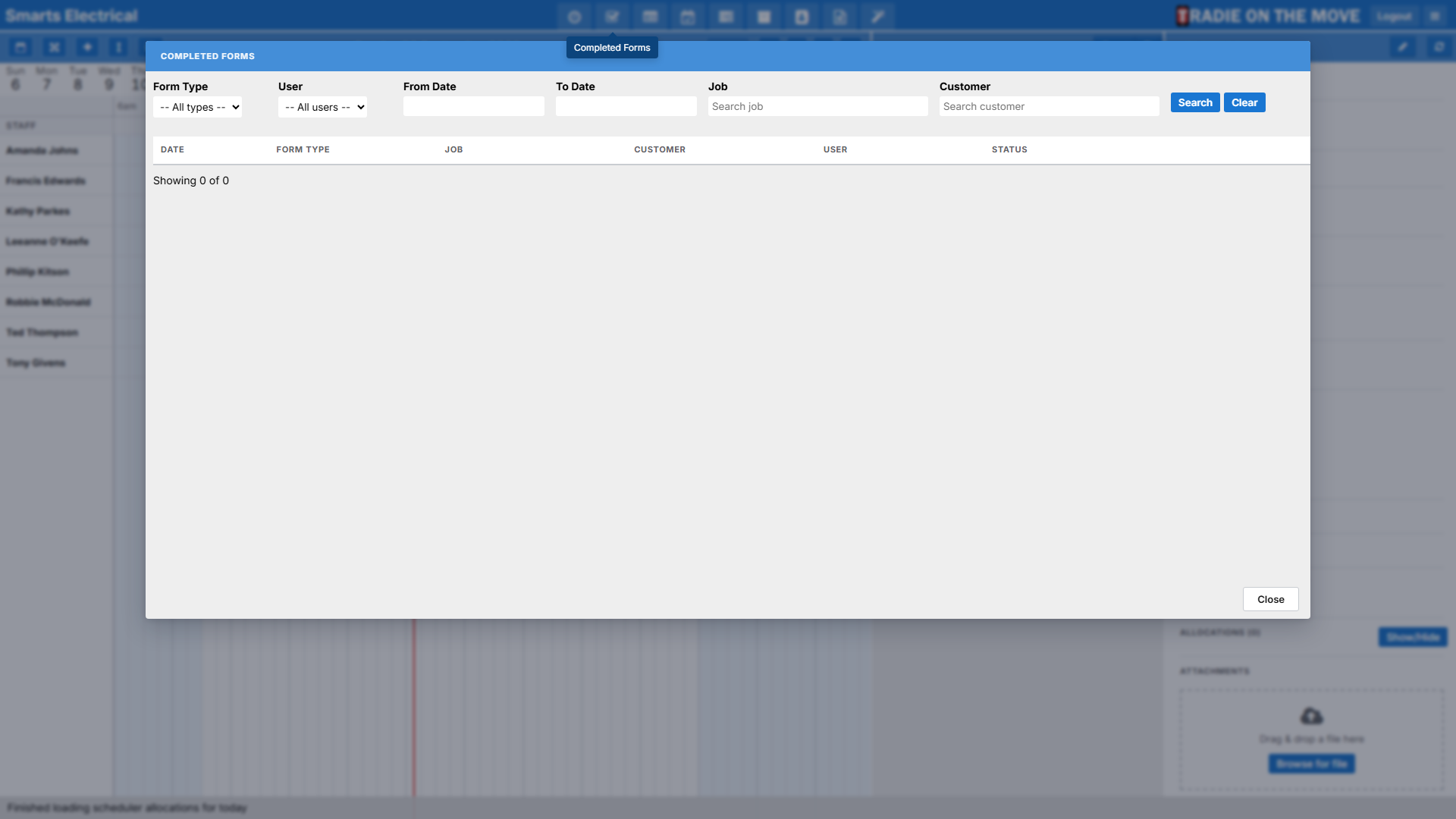 The Completed Forms window in the Scheduler