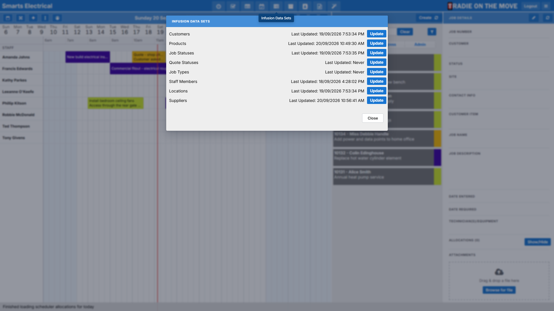 The Infusion Data Sets screen