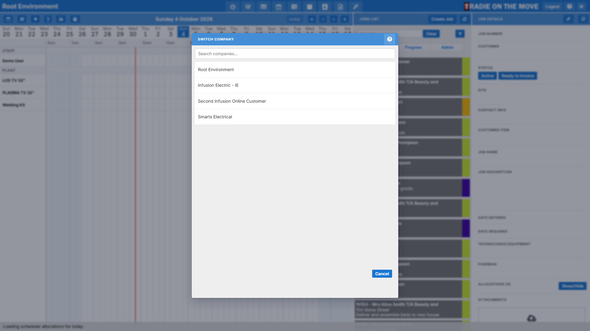The Switch Company dialog, with a search box above the list of companies