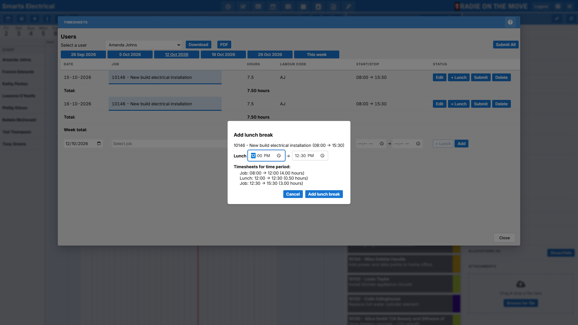 The Add lunch break dialog, listing the three entries the split will produce