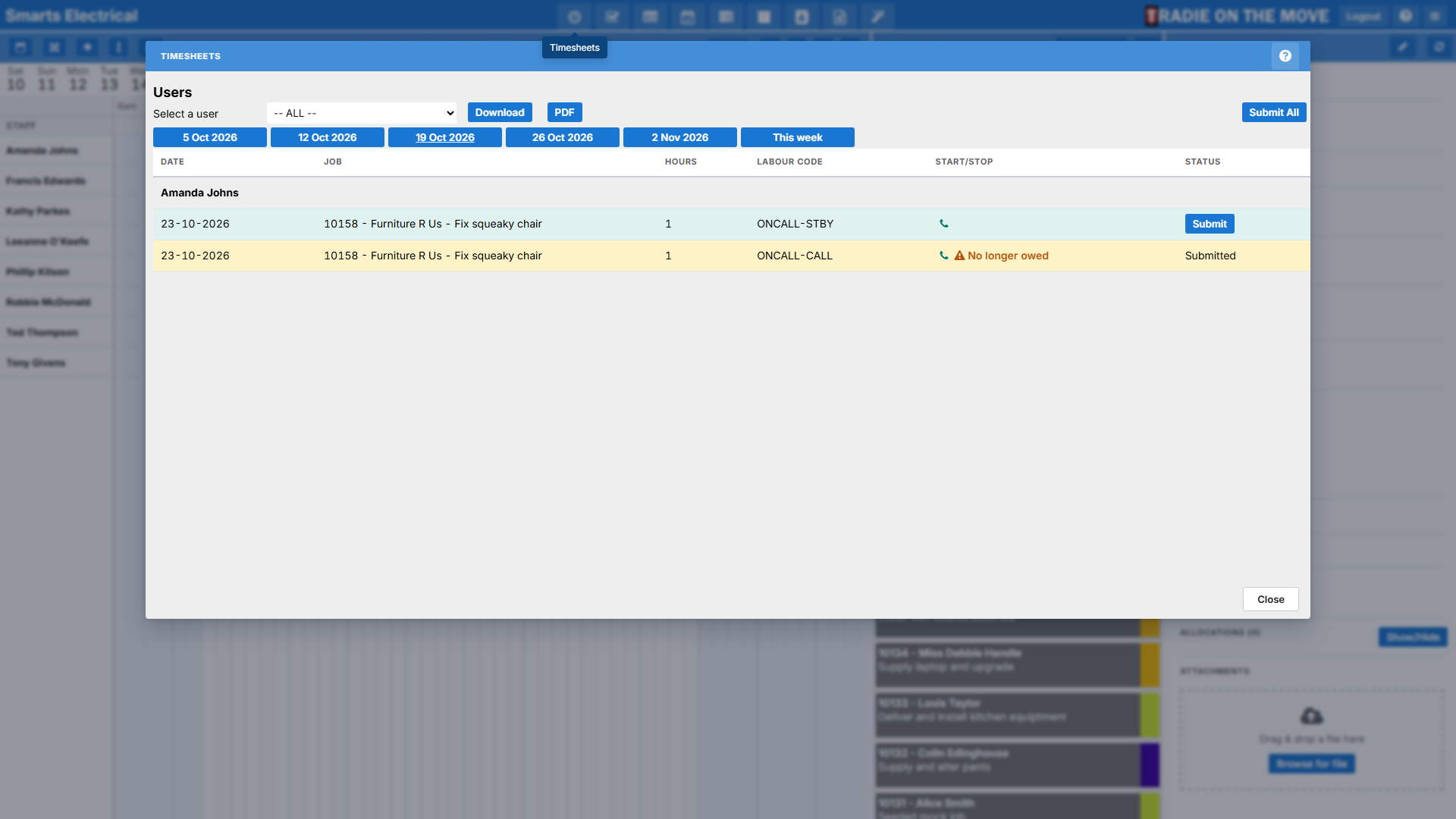 The Timesheets screen with two on-call allowance rows, one marked No longer owed
