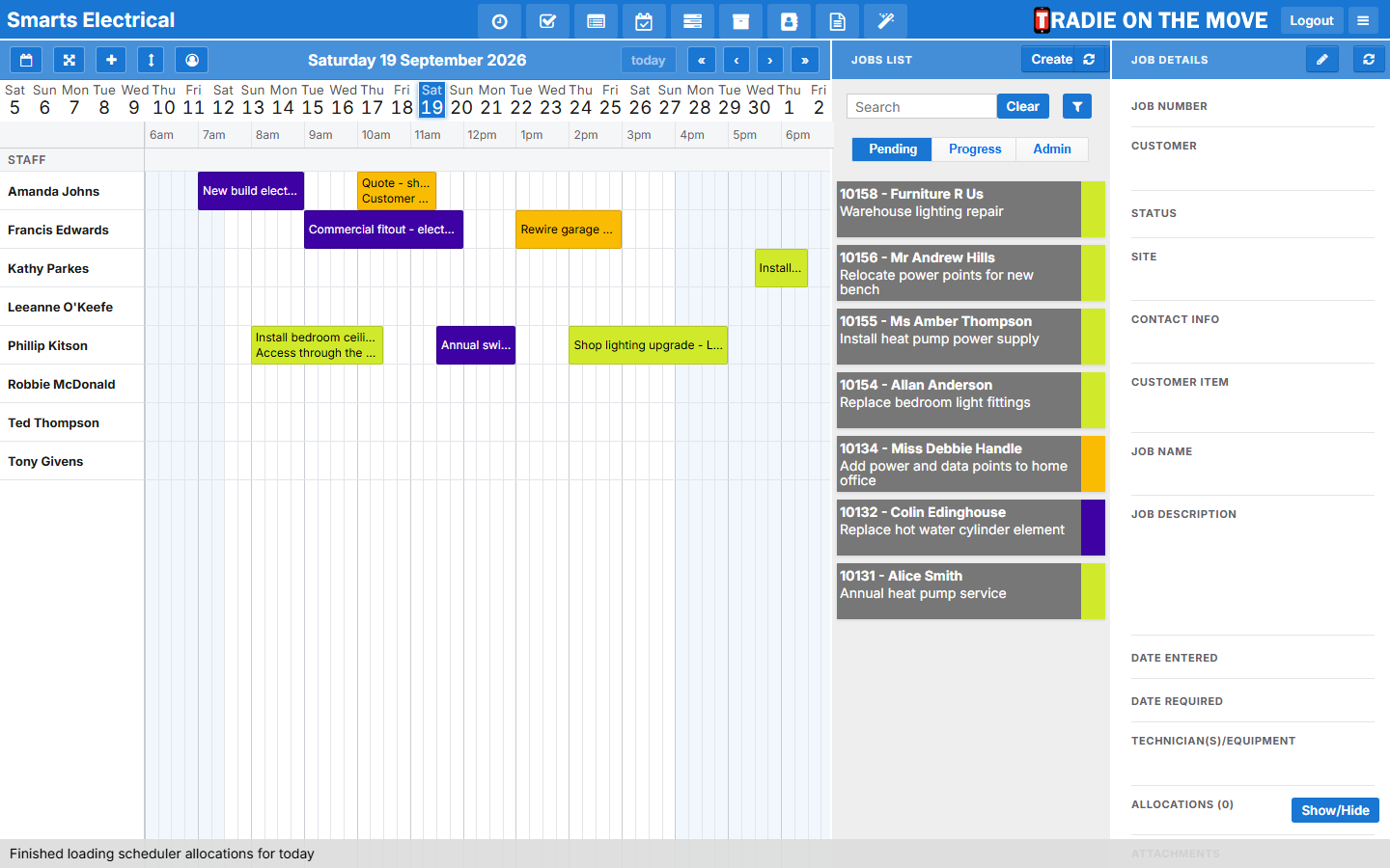 Drag a job from the jobs list onto a team member's row to book it