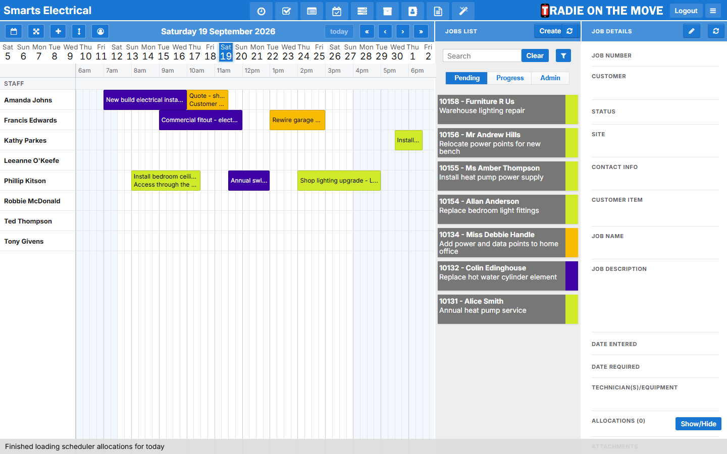 The calendar with bookings on several rows