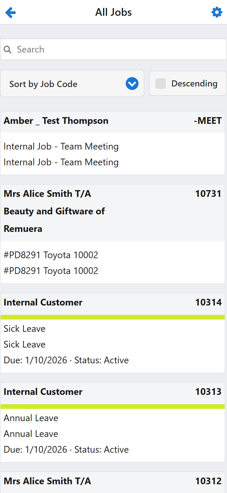 The Mobile All Jobs screen, with the project bar and its Change button above the list