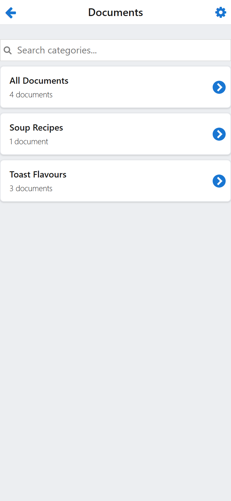 The Documents screen listing document categories