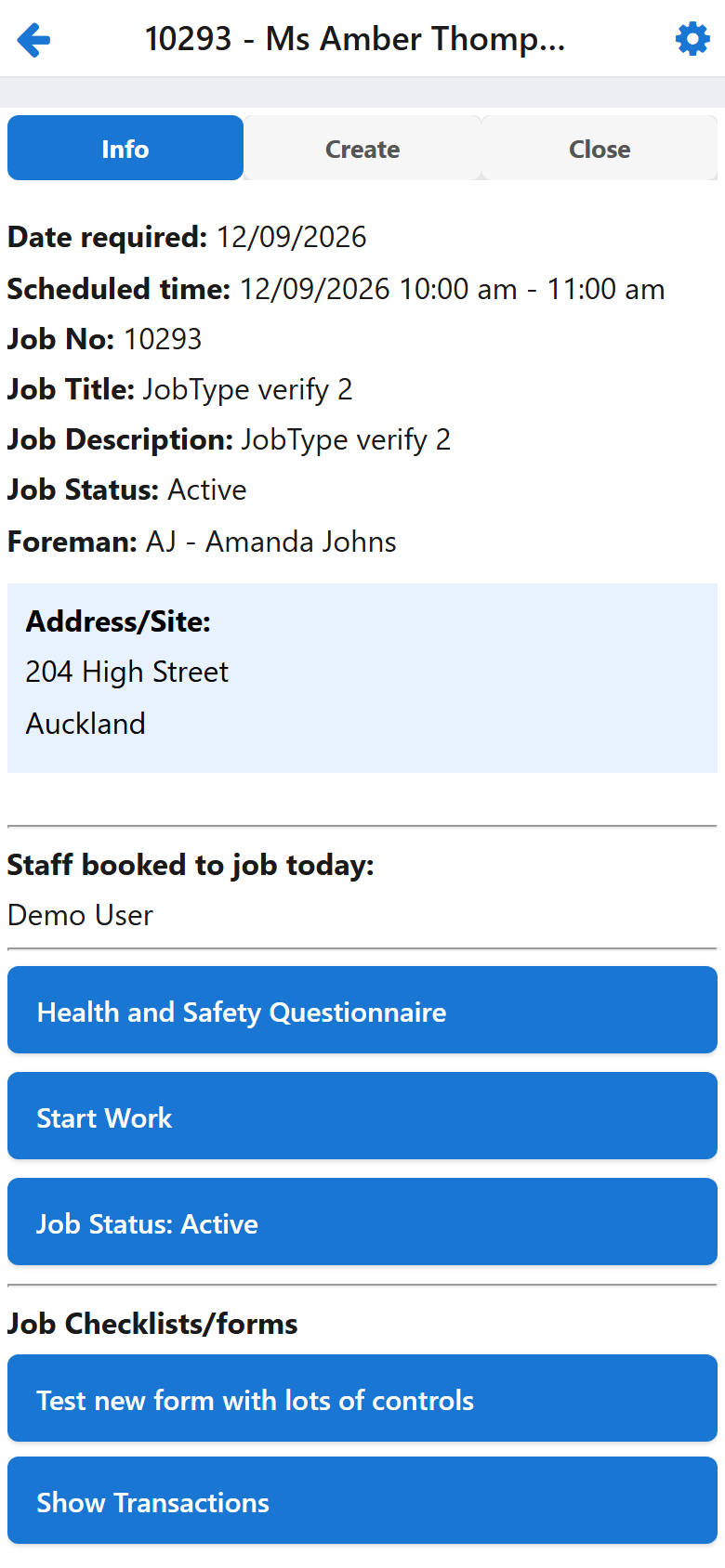 A job's Info tab: dates, status, site address and the action buttons