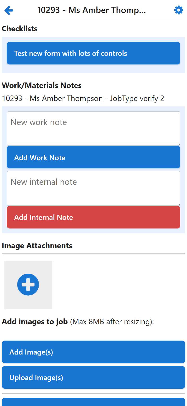 The attachments area on a job, with the upload button