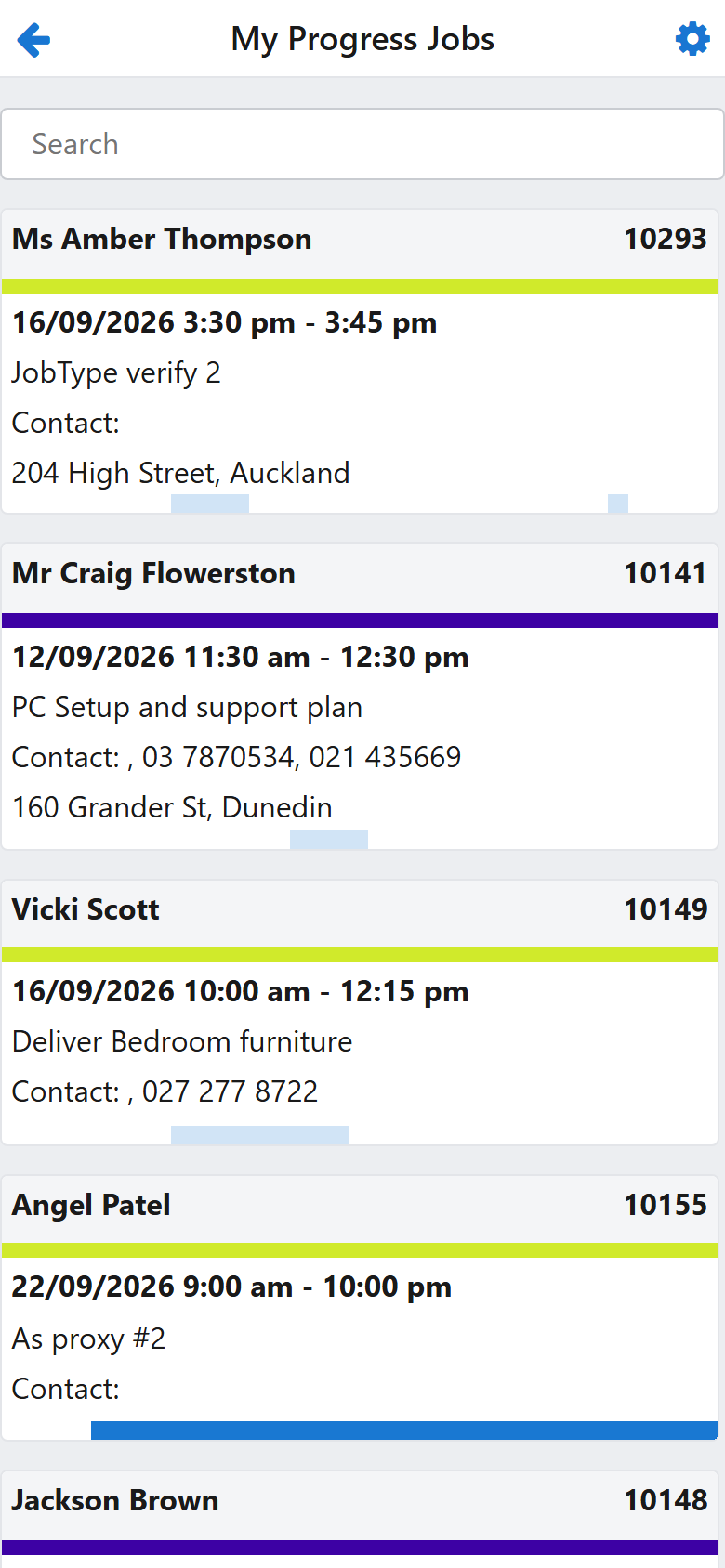 The My Progress Jobs list, one card per job