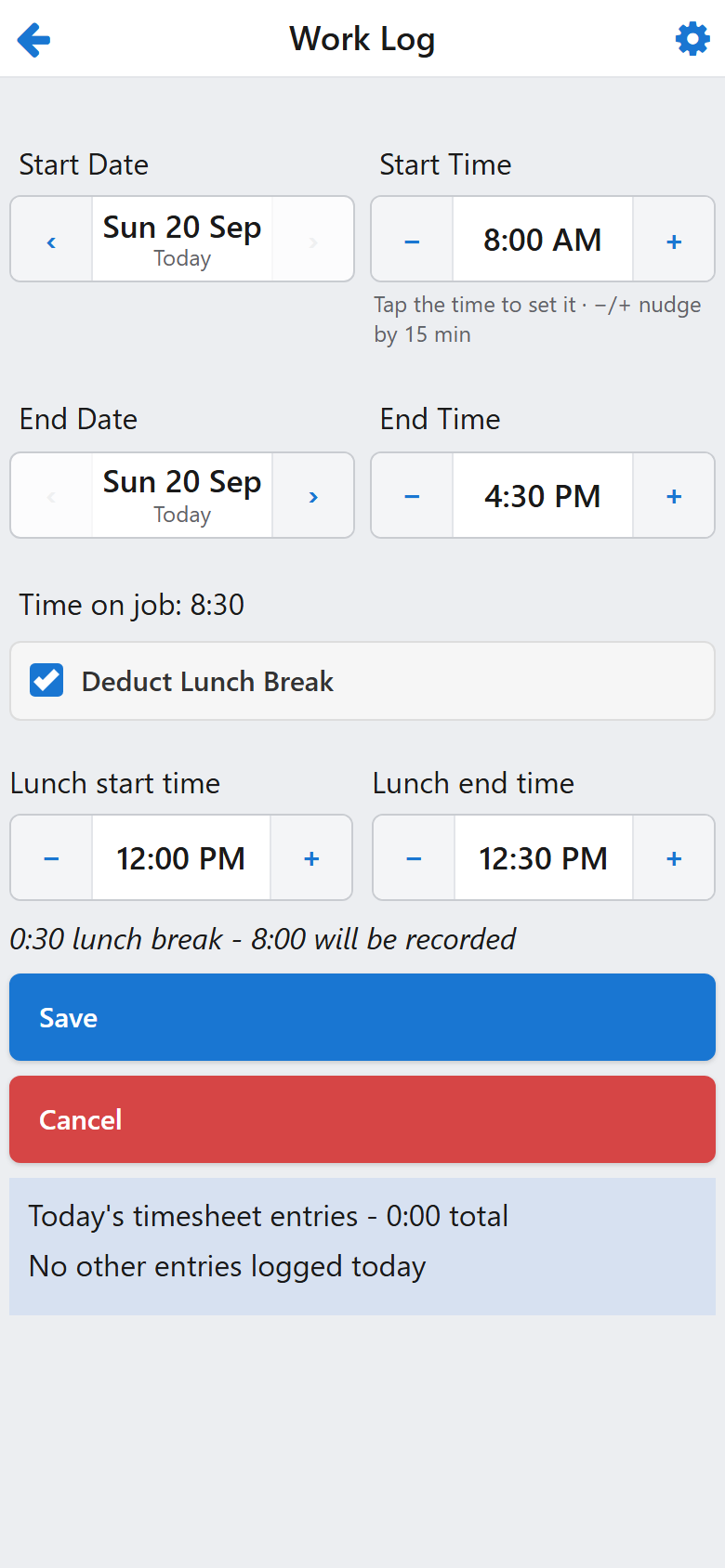 The Work Log screen with Deduct Lunch Break ticked, showing the lunch start and end times side by side