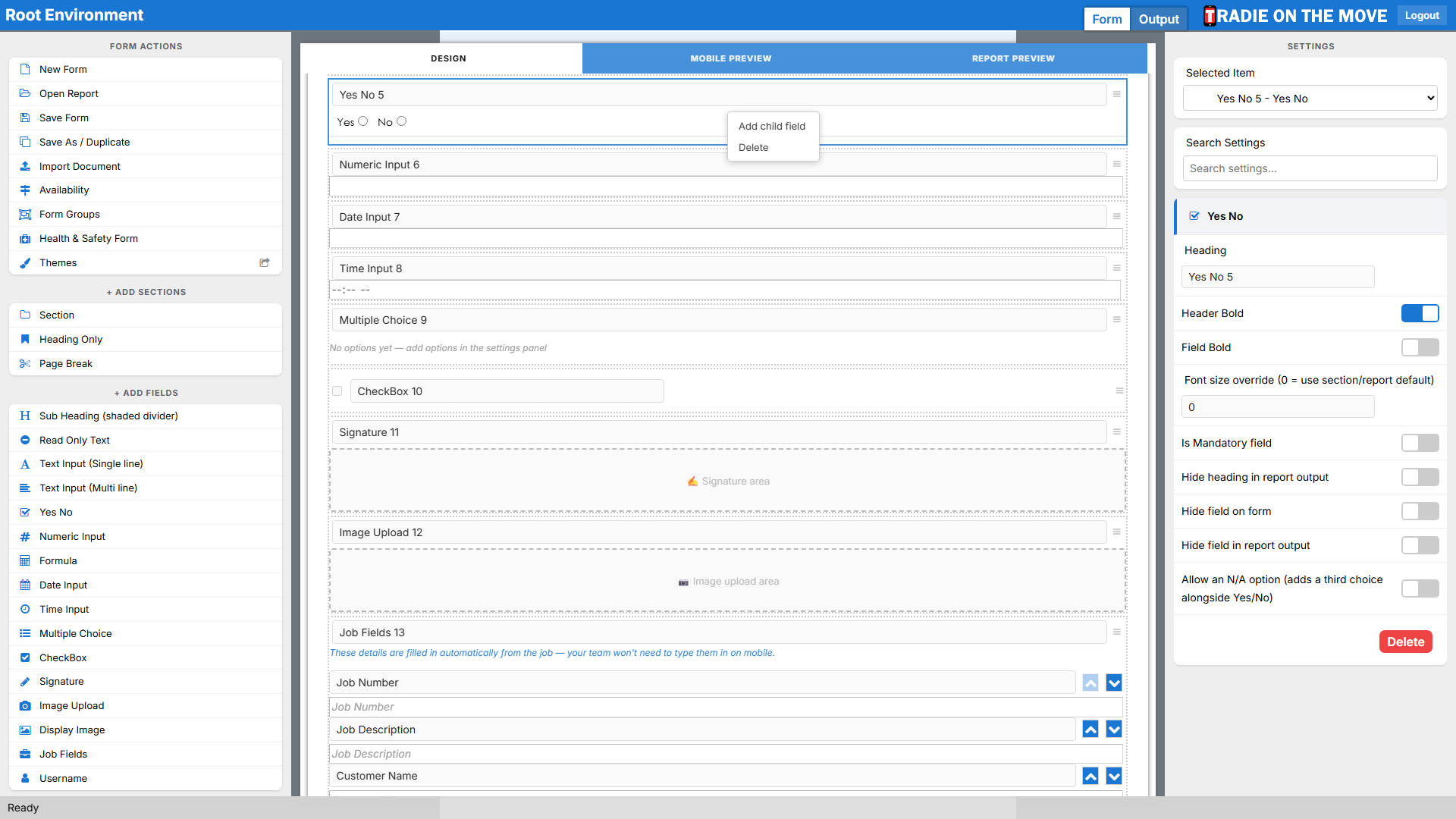 A field's right-click menu on the canvas, with Add child field and Delete