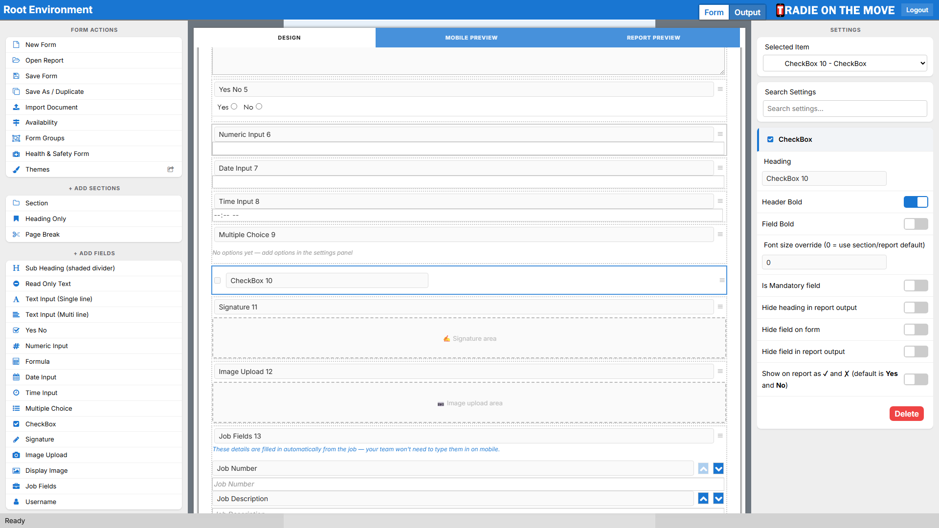A CheckBox field selected, its settings in the right panel