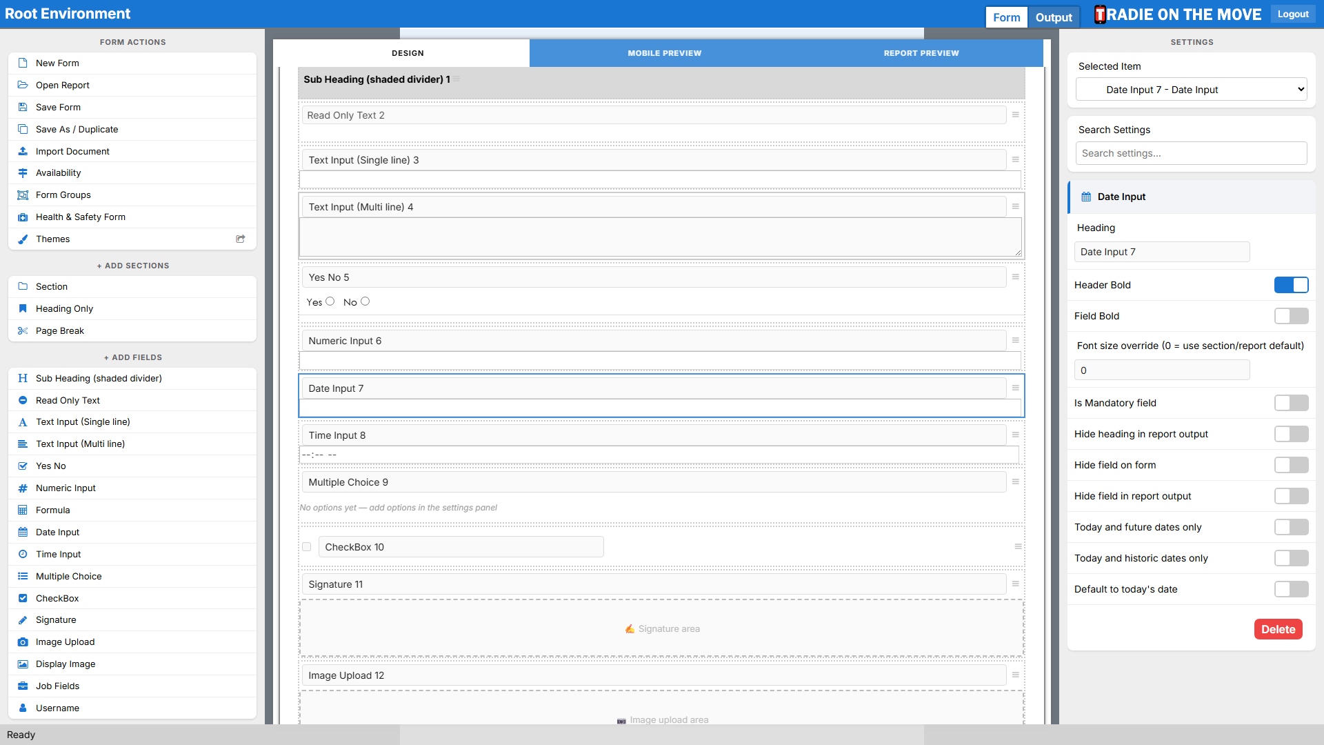 A Date Input selected, its settings in the right panel