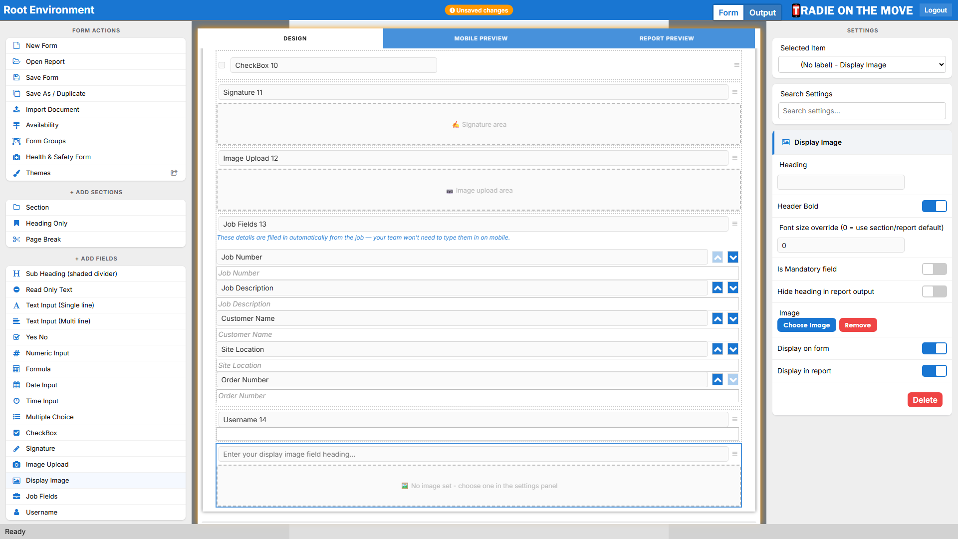 A Display Image field selected, with Choose Image, Display on form and Display in report in the right panel