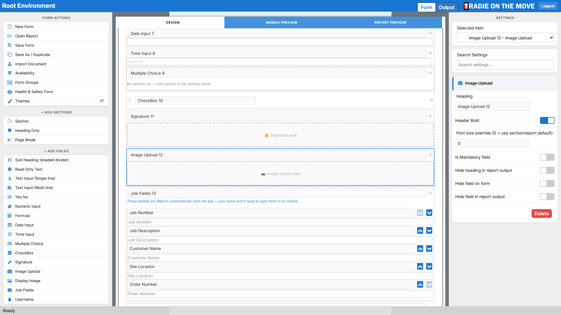 An Image Upload field selected, its settings in the right panel