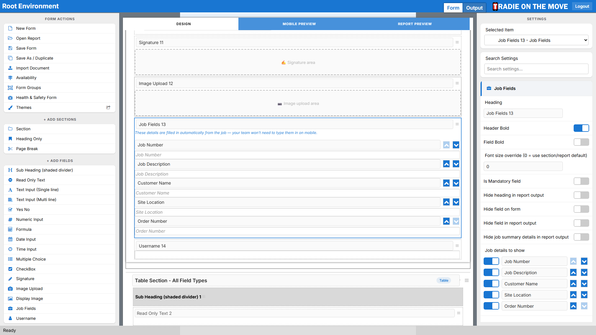 A Job Fields block selected, its settings in the right panel
