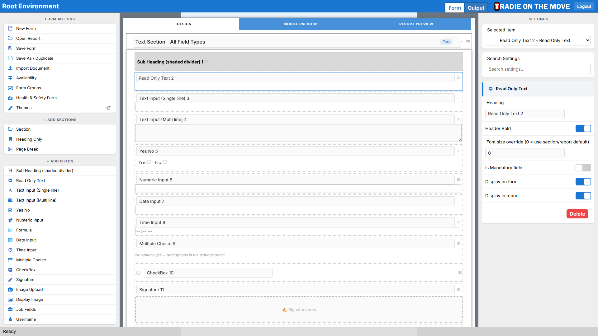 A Read Only Text field selected, its settings in the right panel