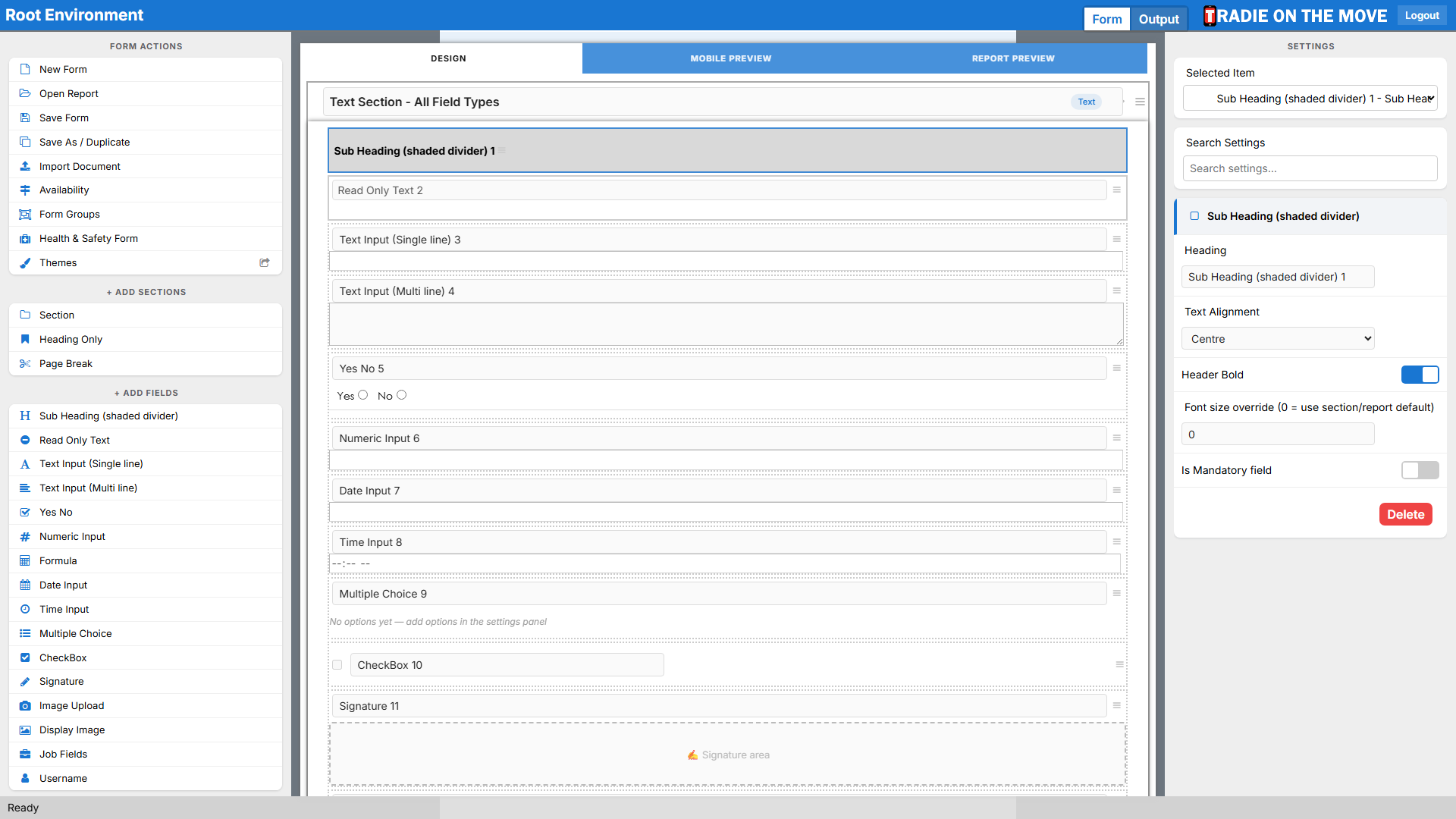 A Sub Heading (shaded divider) selected, its settings in the right panel