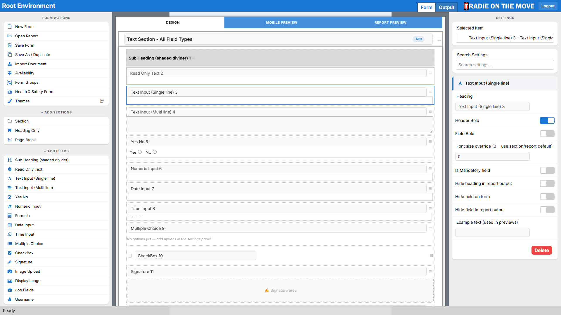 A single-line Text Input selected, its settings in the right panel