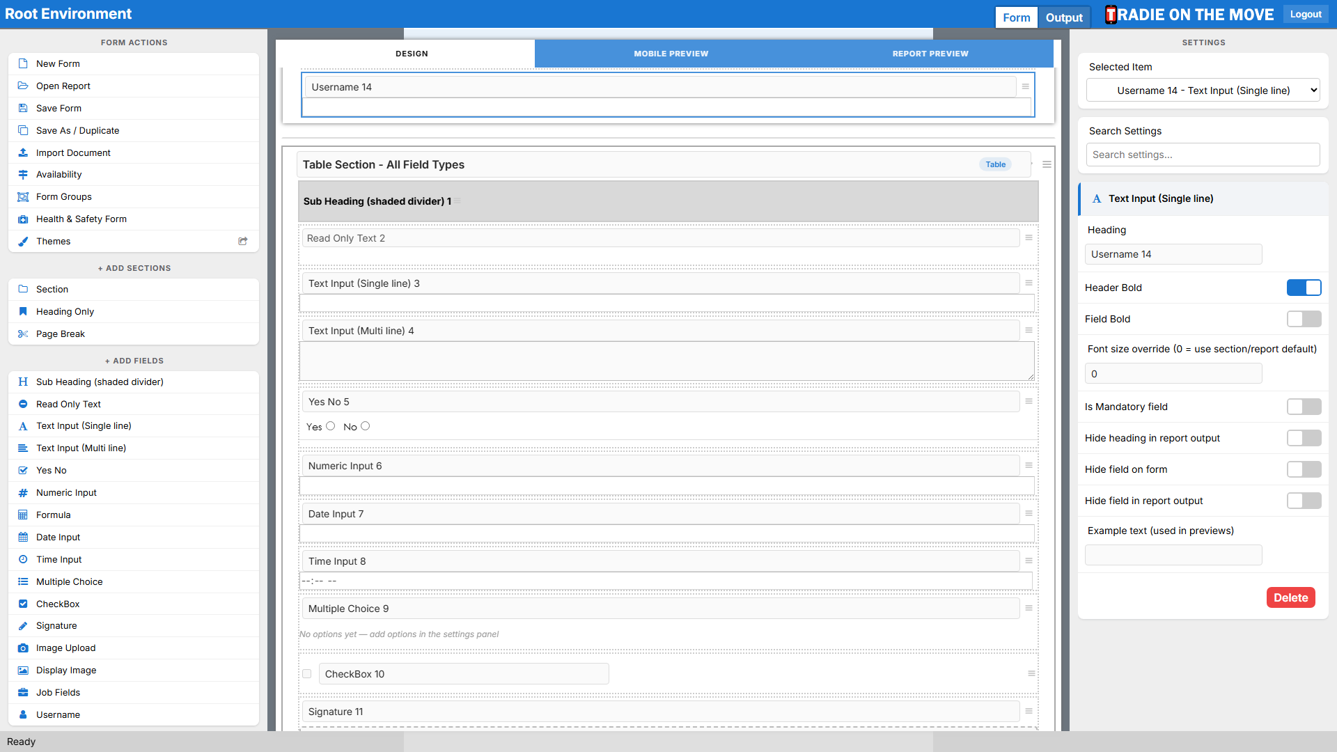A Username field selected - it is a single-line text field - with its settings in the right panel