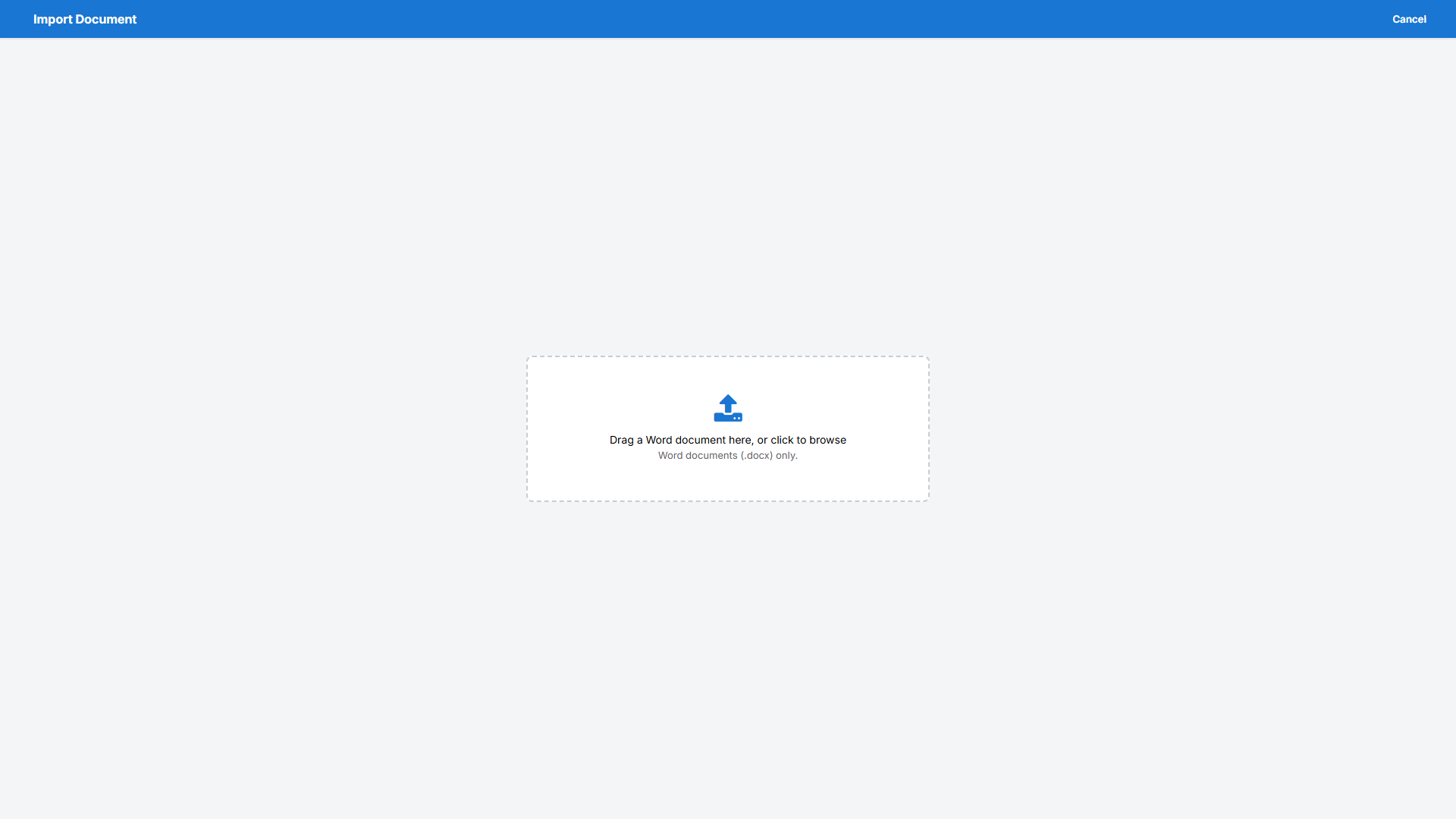 The Import Document wizard, waiting for a Word document