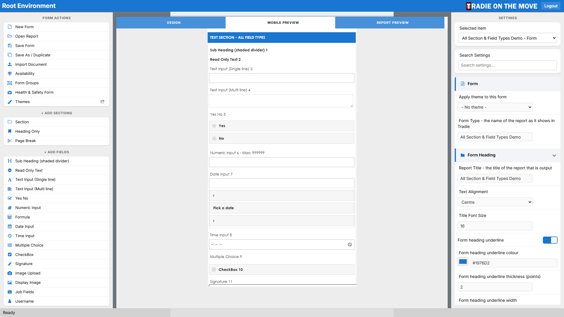 The Mobile Preview tab showing the form as a technician sees it
