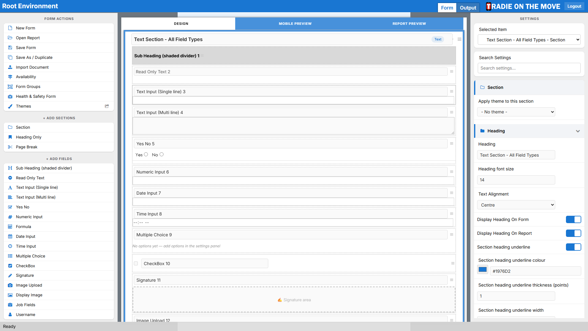 A Text section selected on the canvas, its settings in the right panel