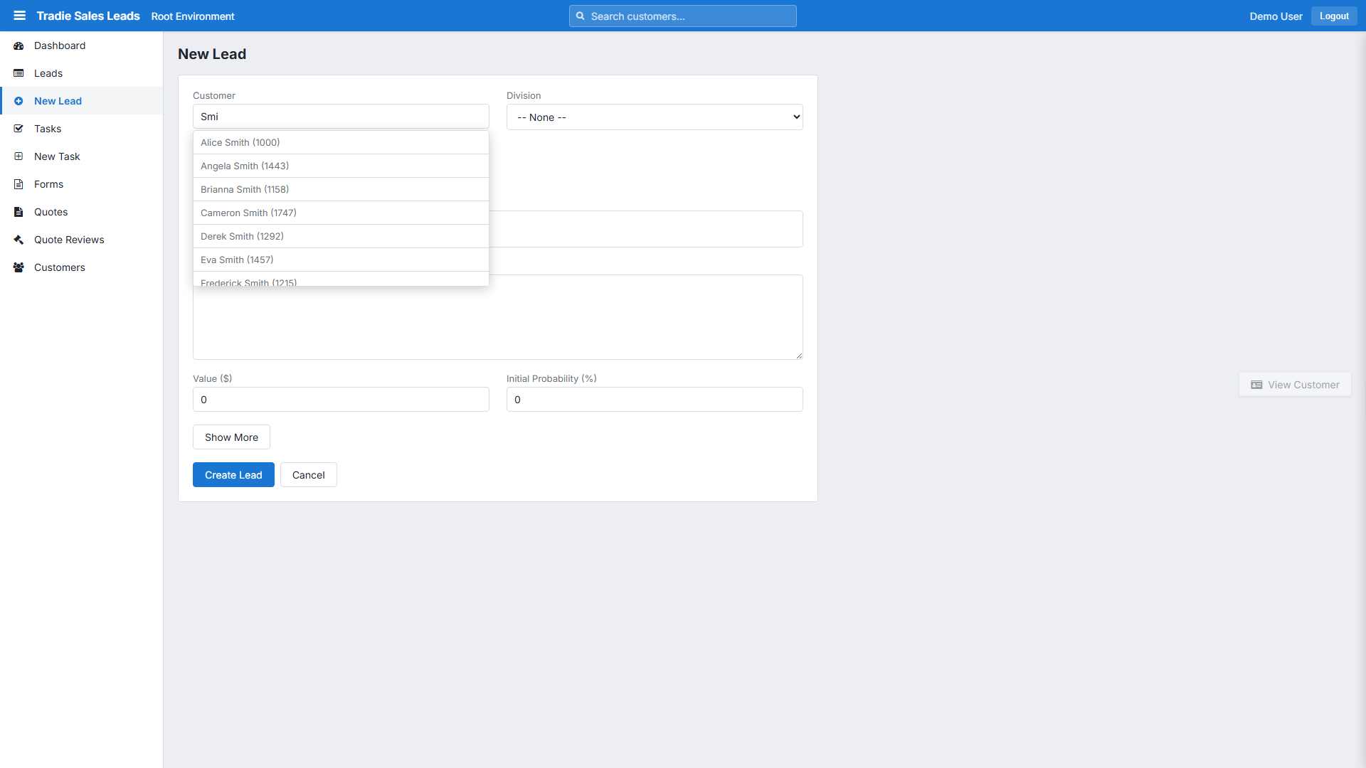 The customer picker on a new lead, showing matches as you type