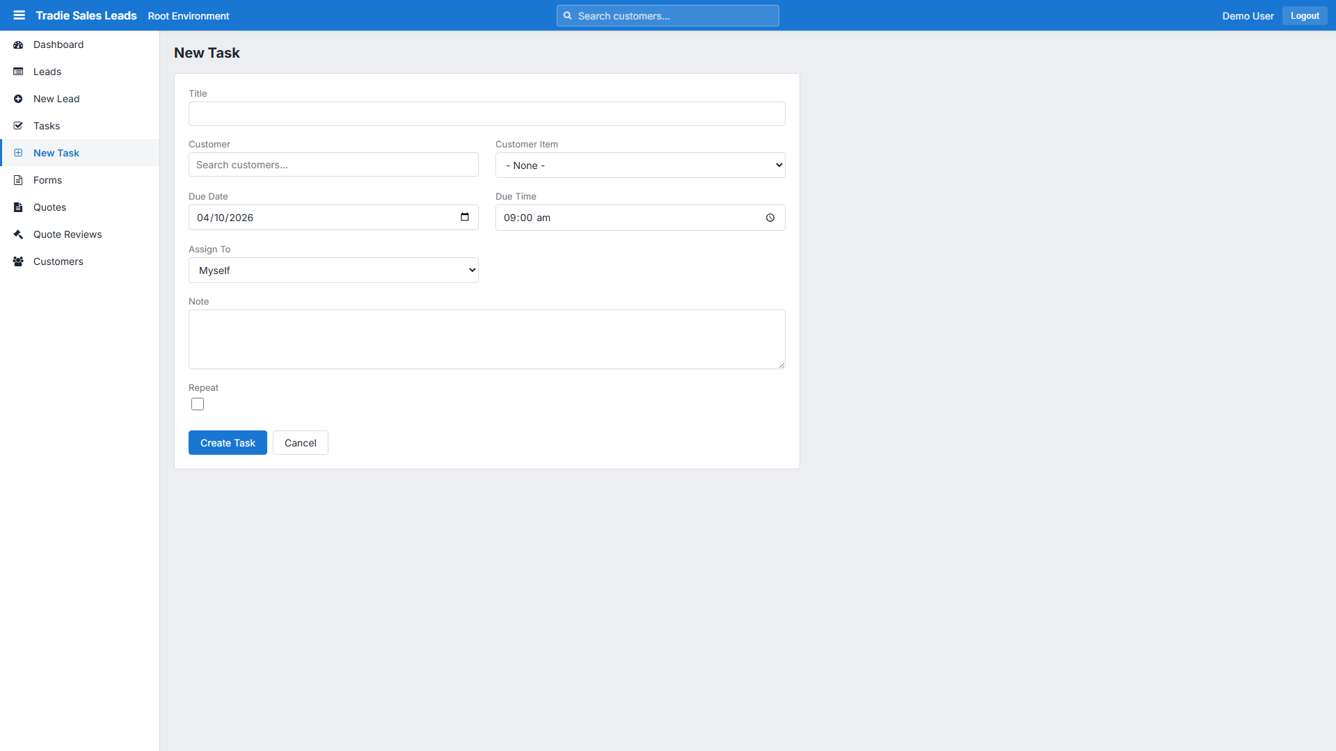 The New Task form: title, customer, due date and time, assignee, note and repeat