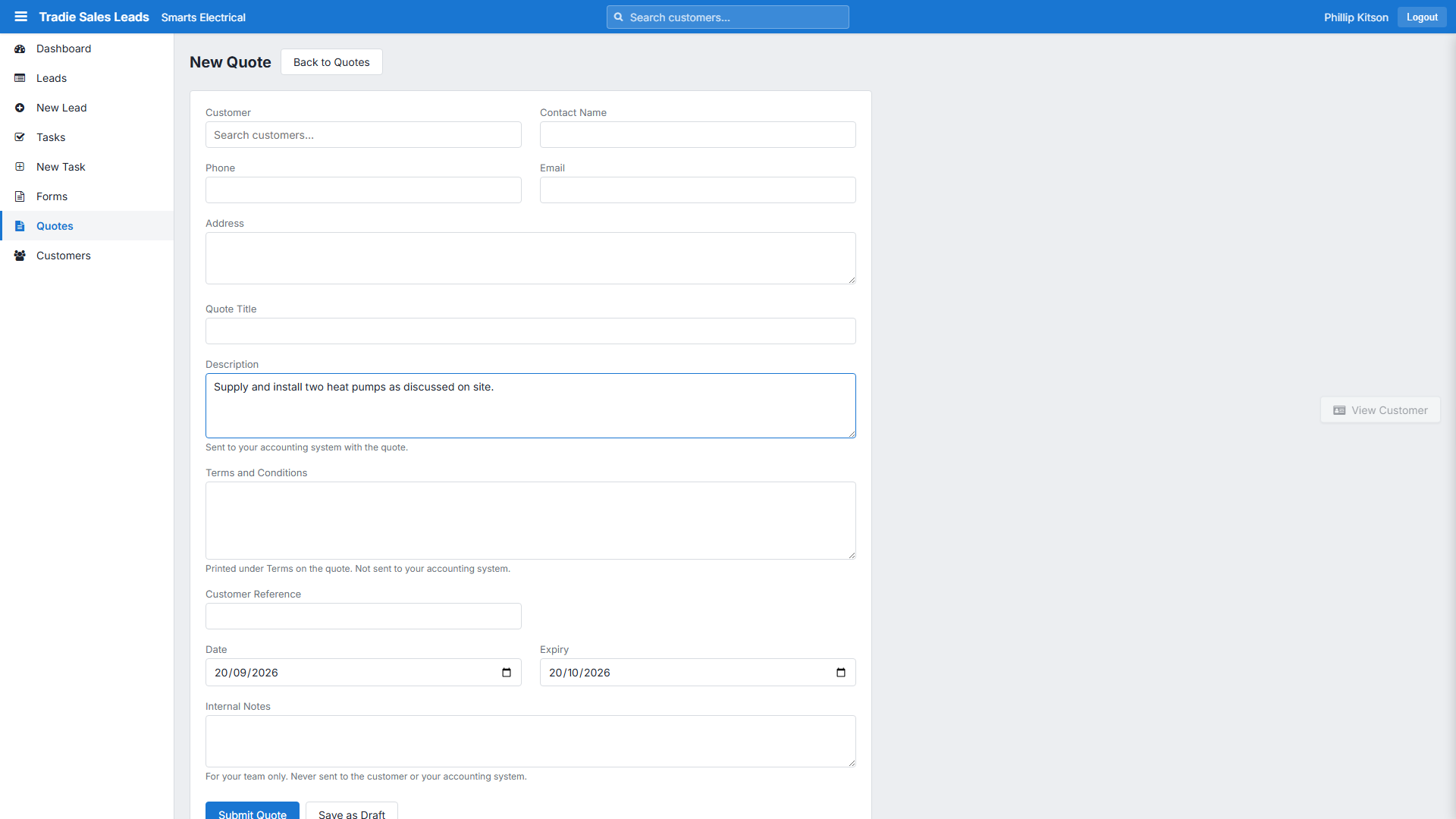 The New Quote form, with a template dropdown and Add button directly under the Description field