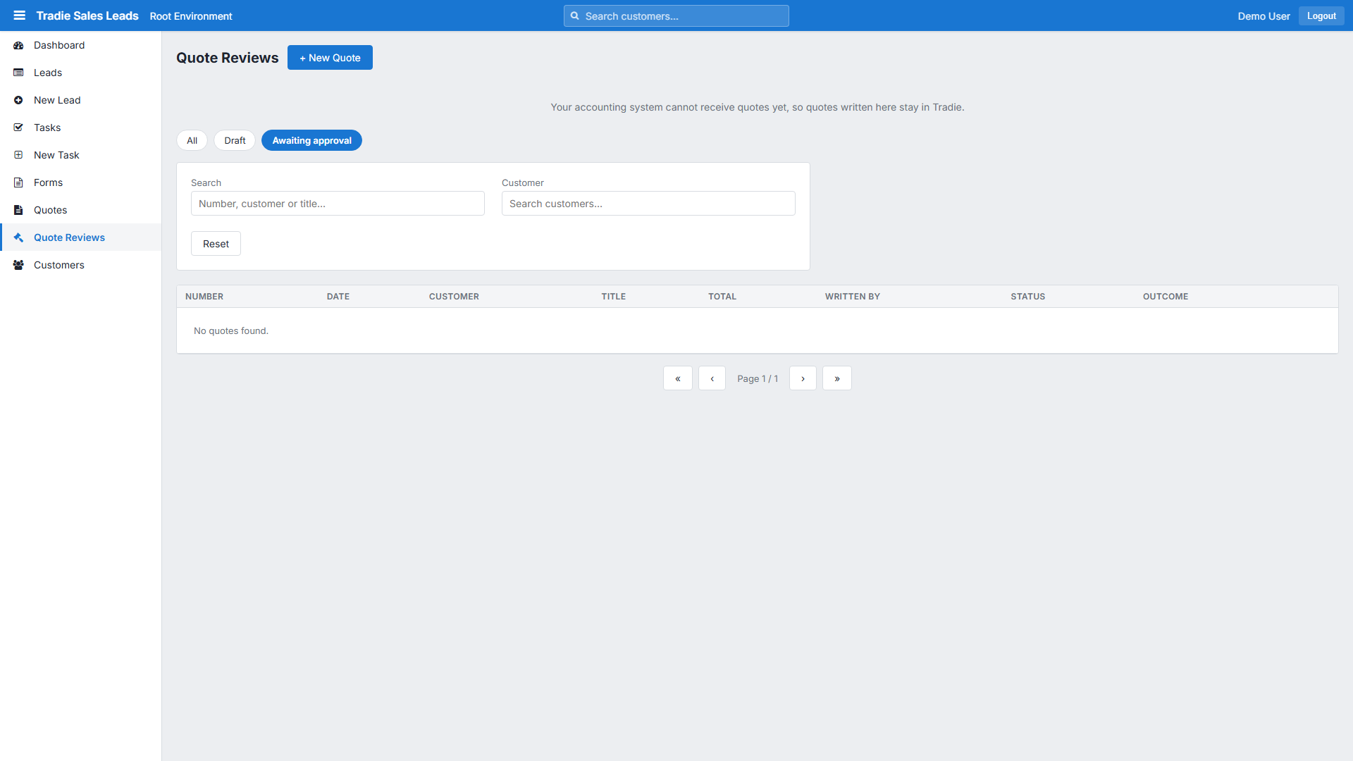 The Quote Reviews screen, filtered to quotes awaiting approval