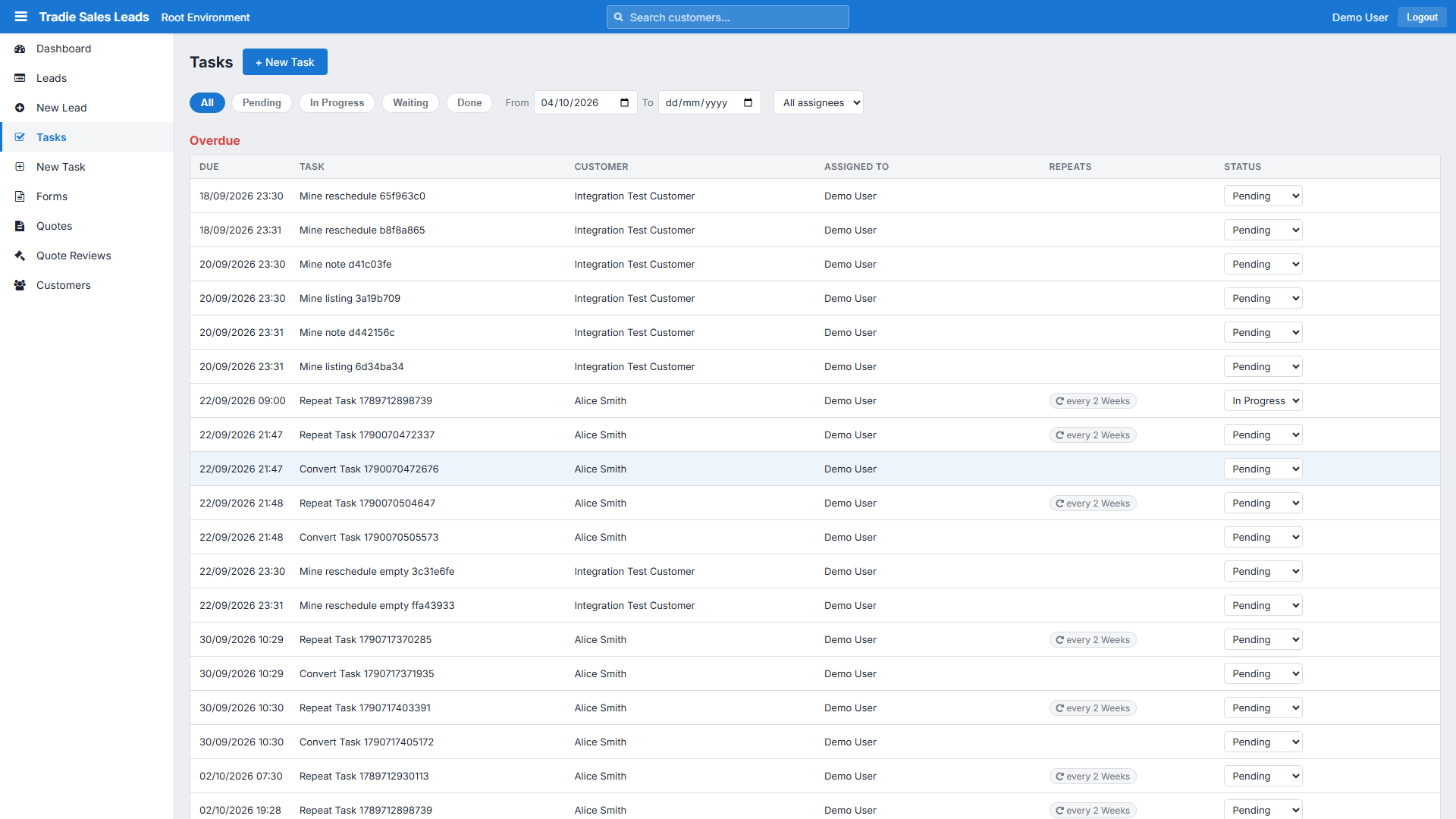 The Tasks list with its status filters, date range and assignee filter