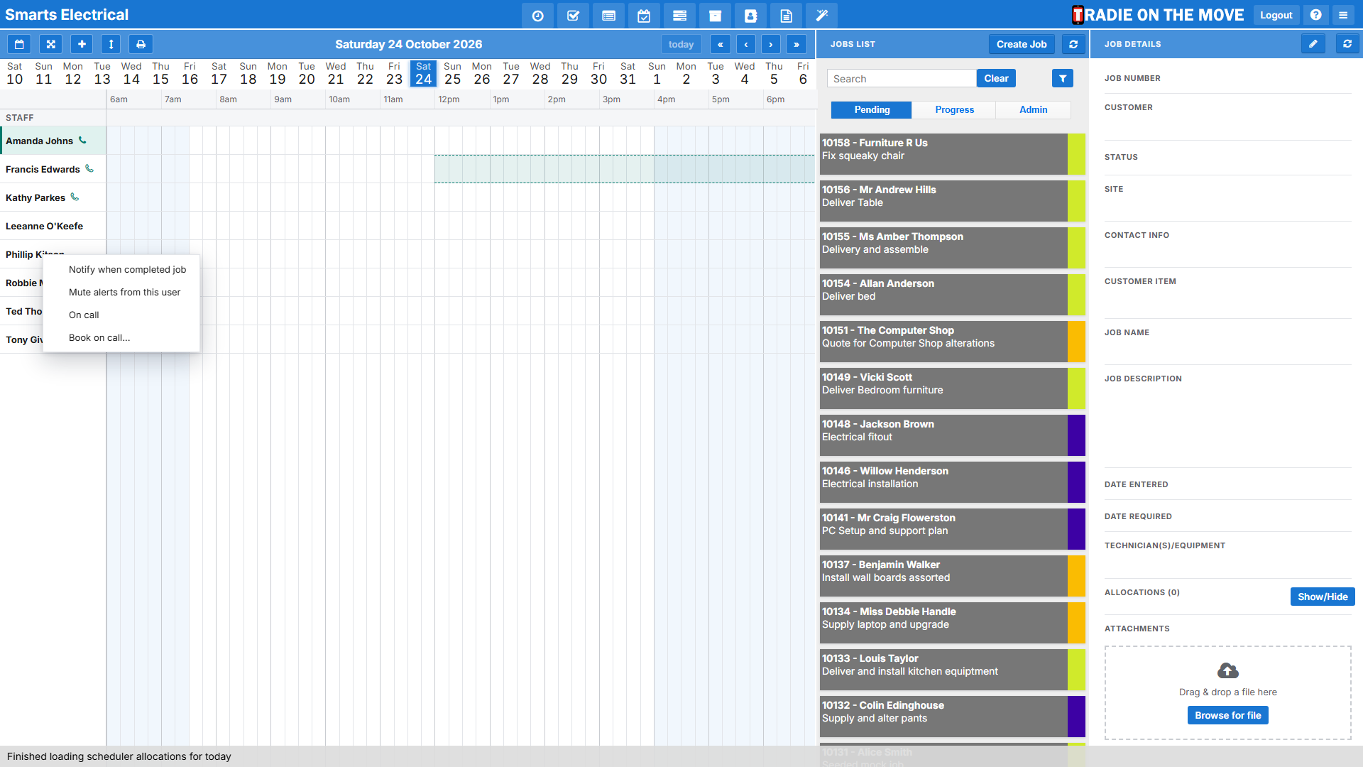 The calendar with a team member's right-click menu open, showing On call and Book on call...