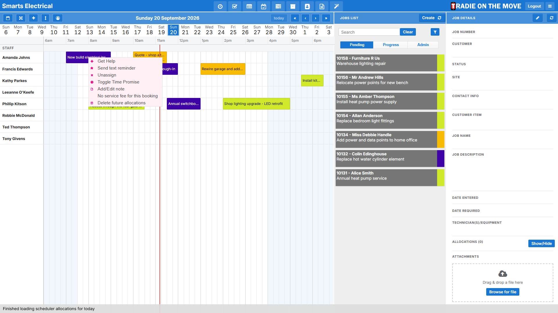 The calendar's right-click menu on a booking, showing the No service fee for this booking option