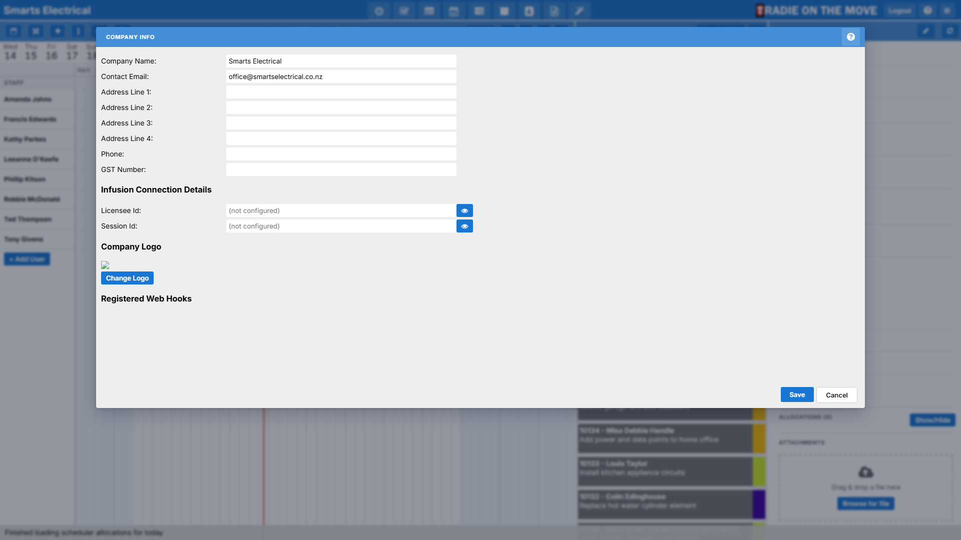 The Company Info settings screen, showing company details, the Infusion connection details and the registered web hooks