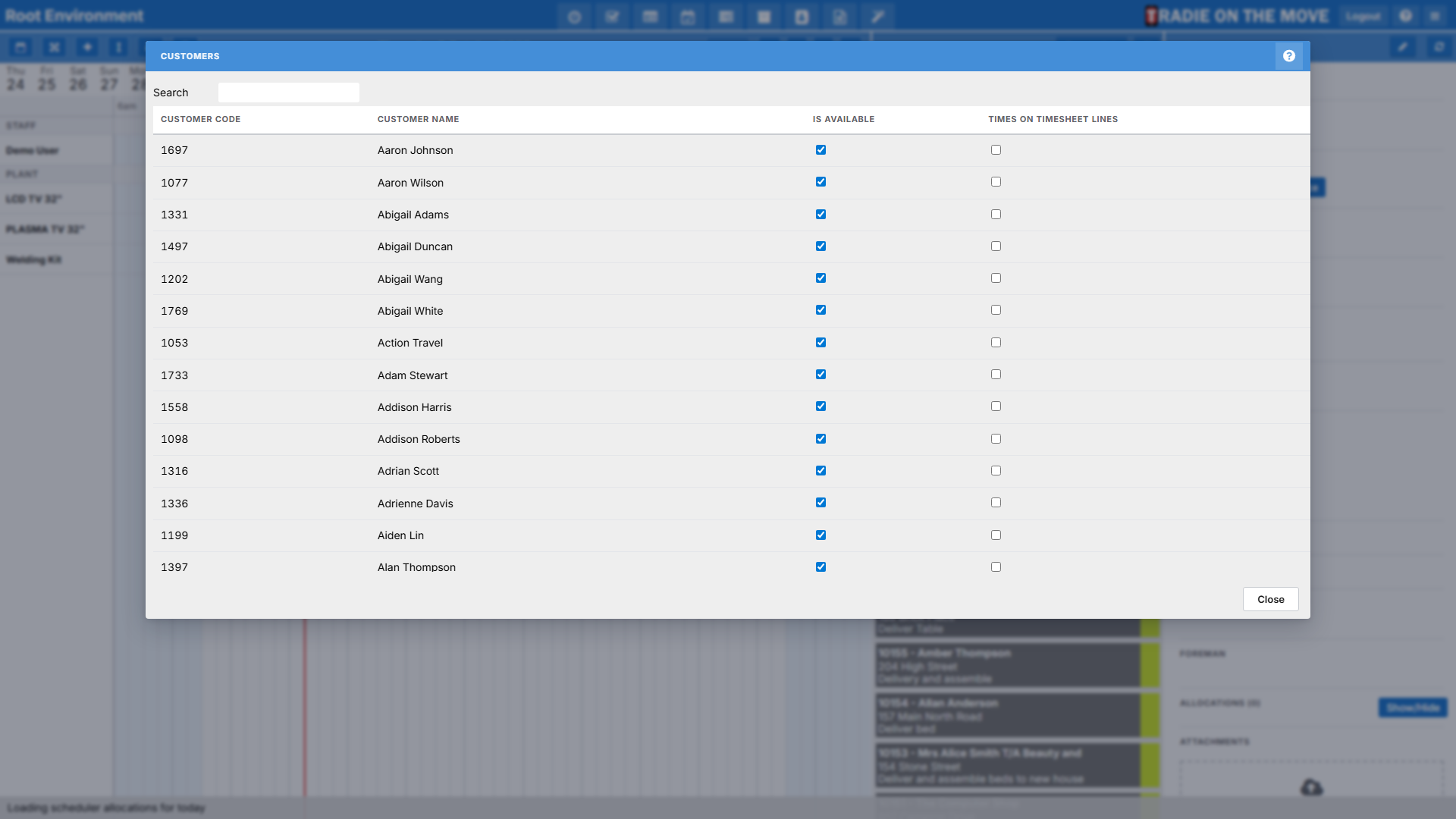 The Customers settings screen with the Times on timesheet lines column