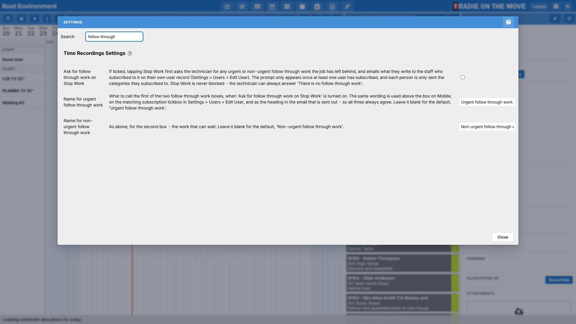 The Settings screen filtered to the follow through work settings