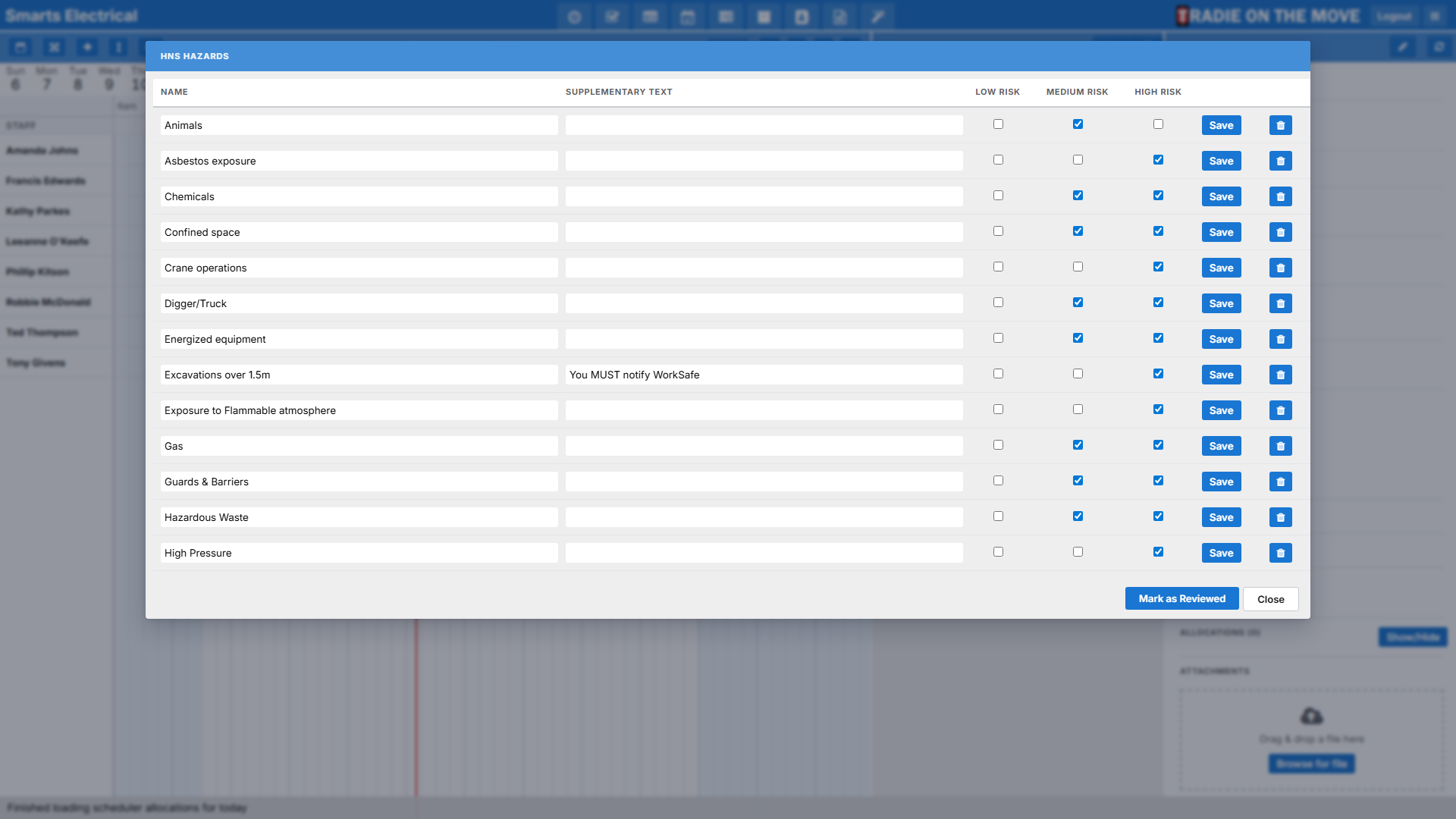 The HnS Hazards settings screen