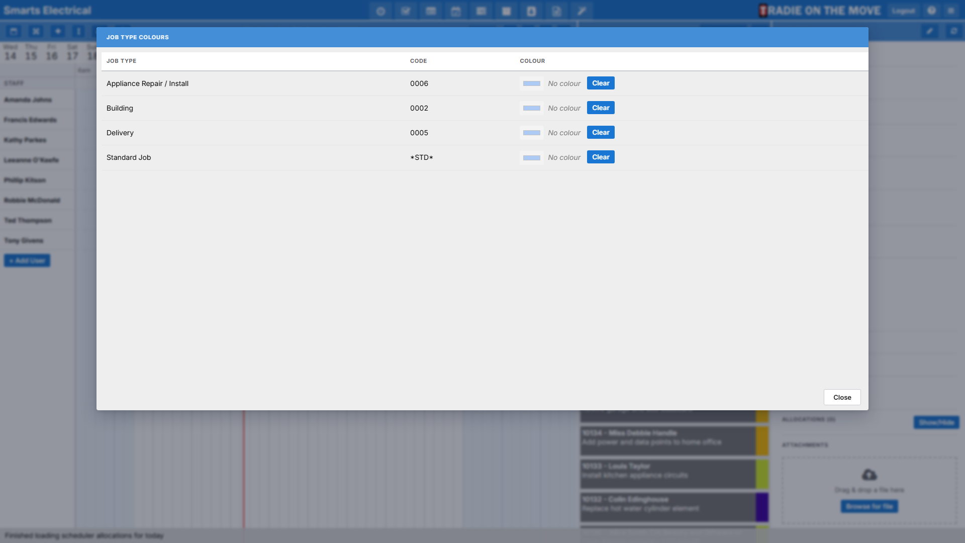 The Job Type Colours screen, listing each job type with its code and a colour box