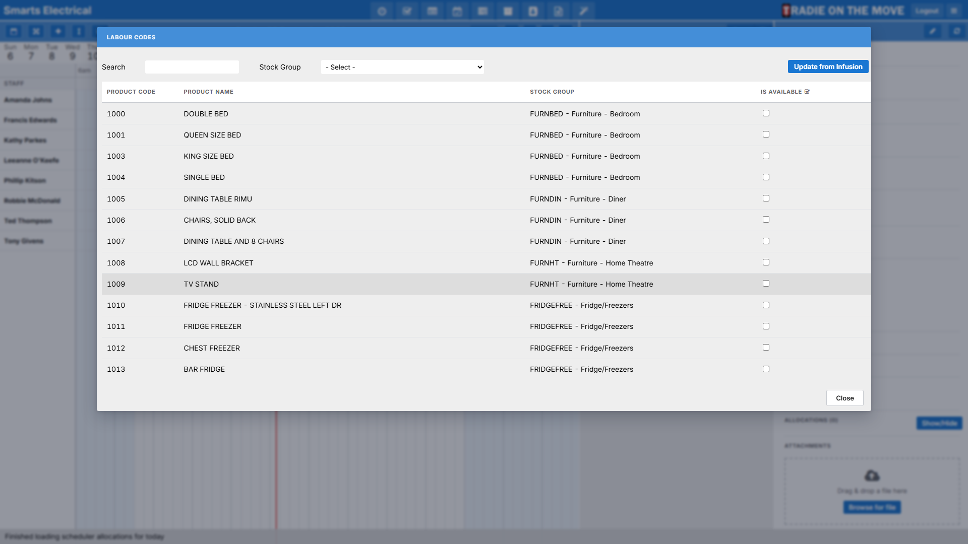 The Labour Codes settings screen