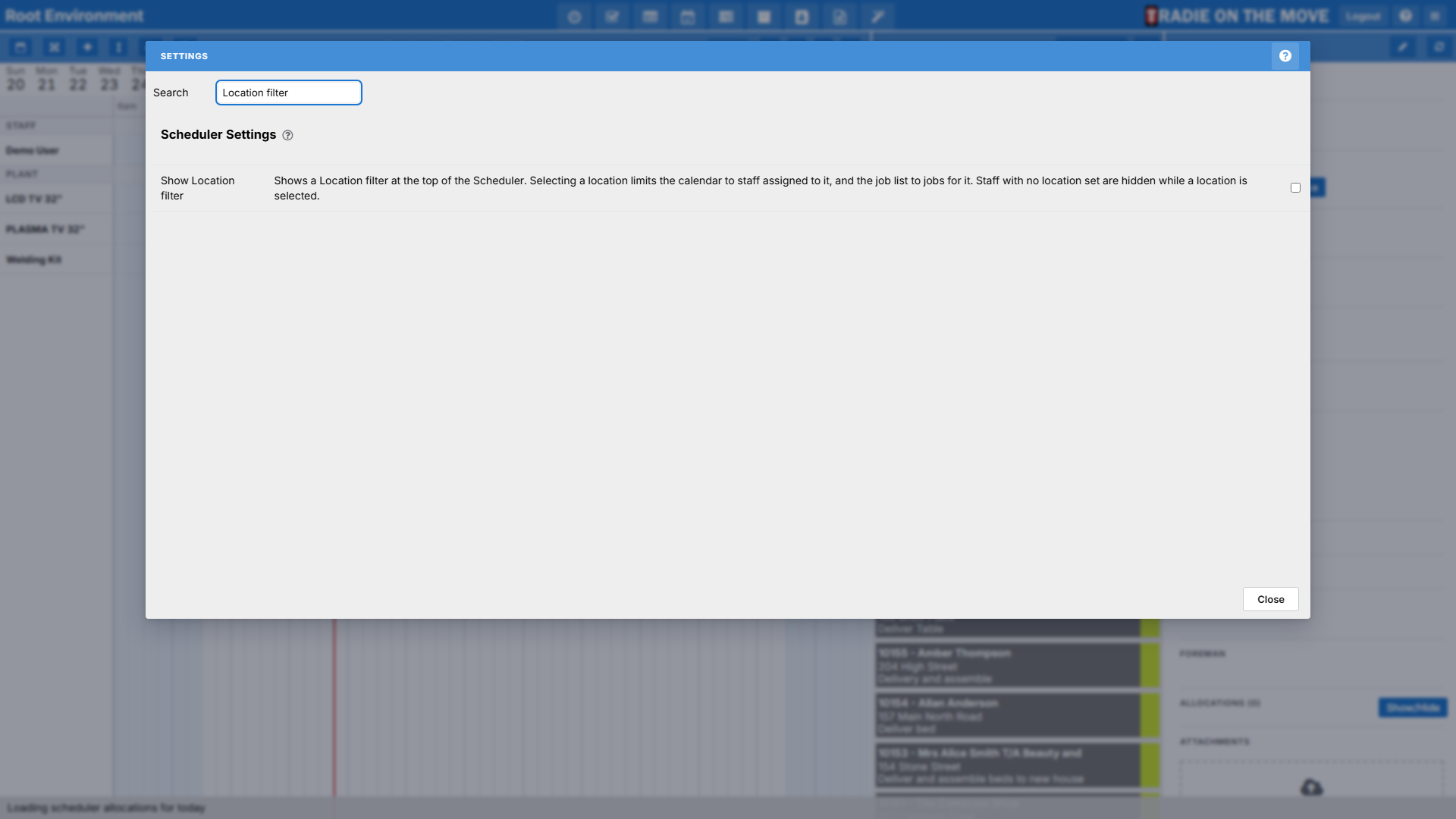 The Settings screen filtered to Show Location filter