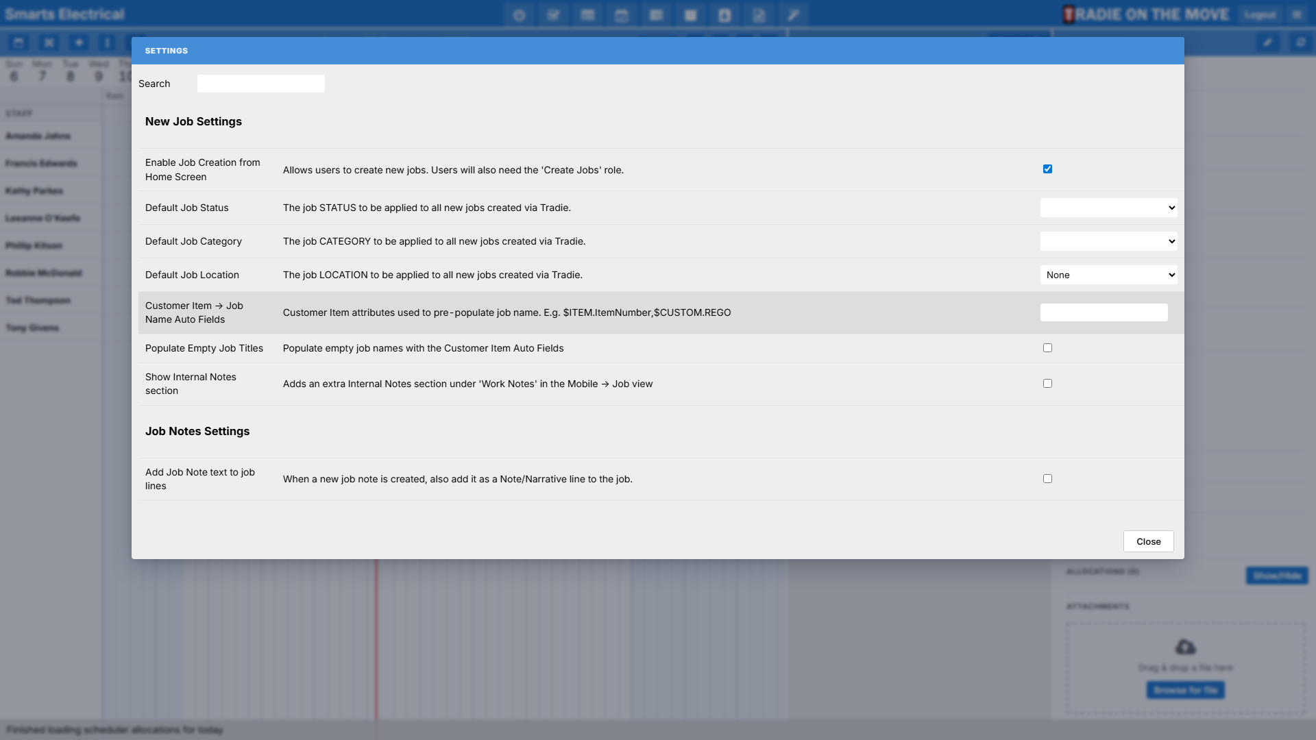 The Settings screen, grouped by category with a search box