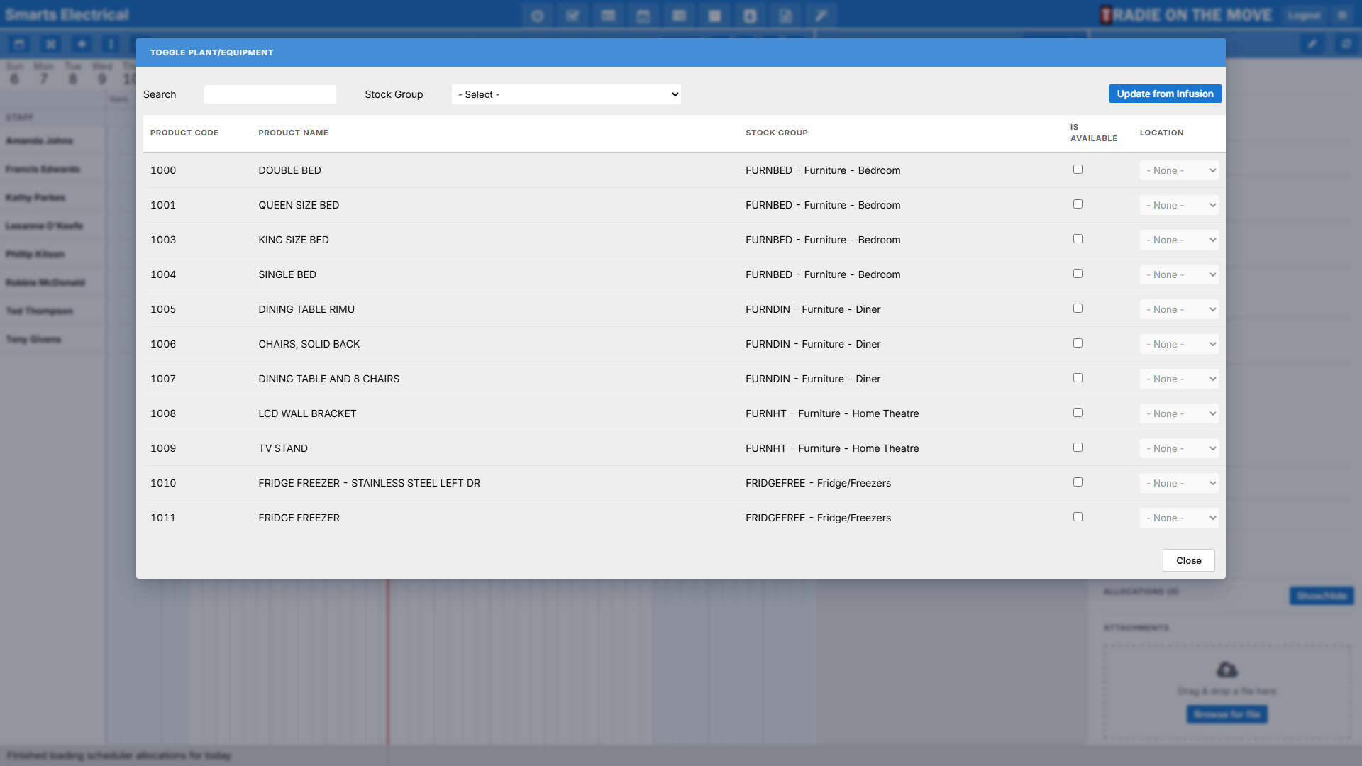 The Plant/Equipment settings screen