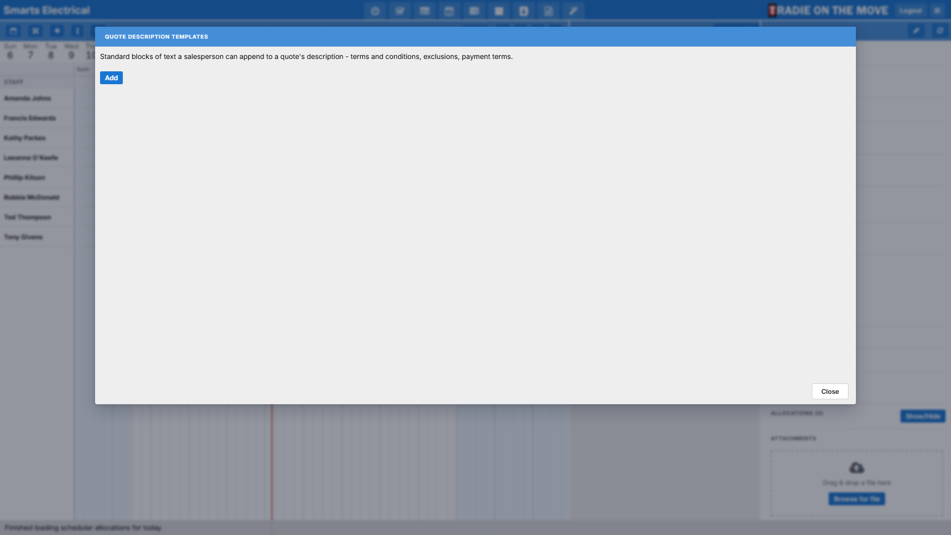 The Quote Description Templates dialog, listing three saved templates as editable cards