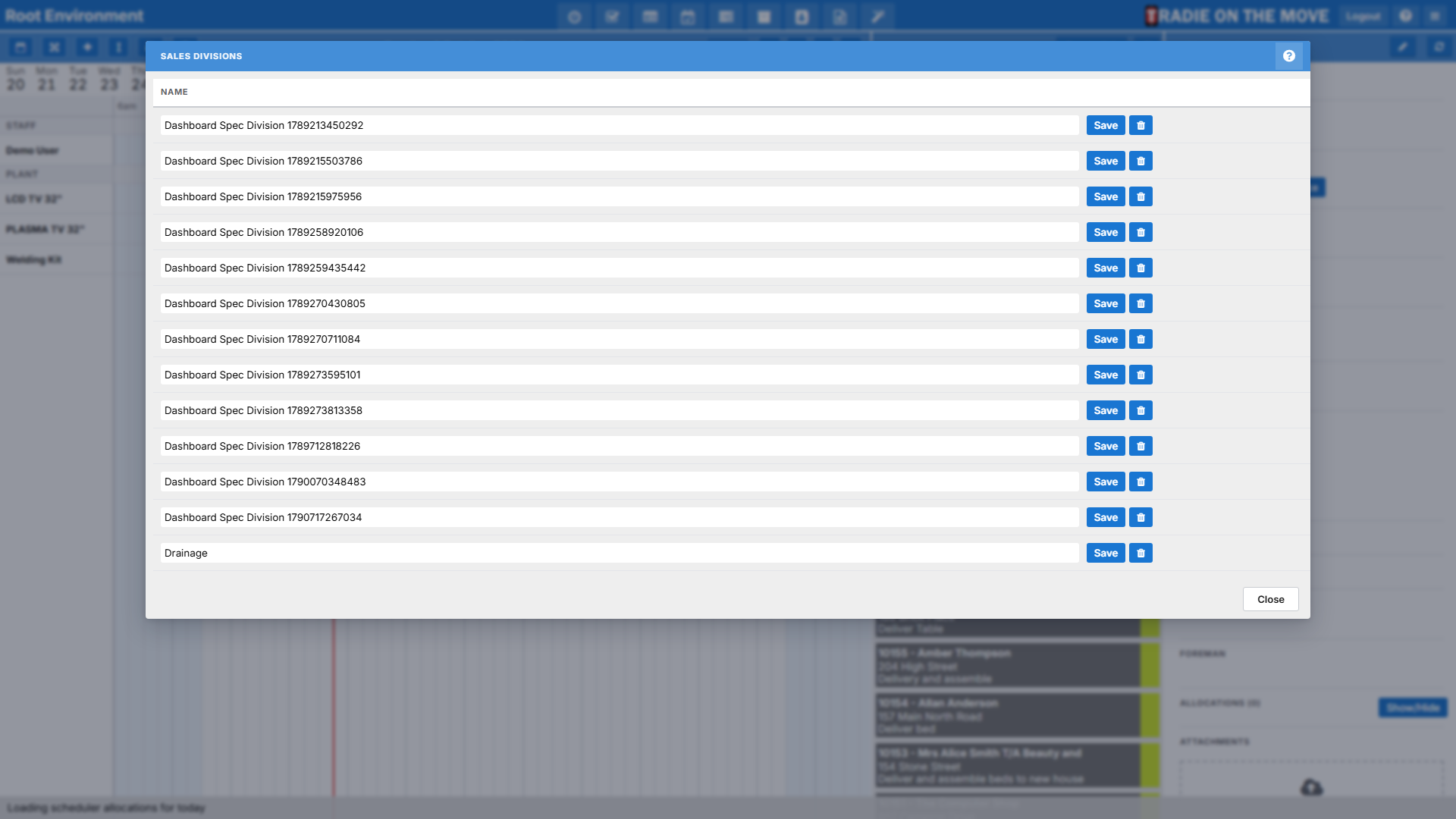 The Sales Divisions window listing each division with Save and delete buttons