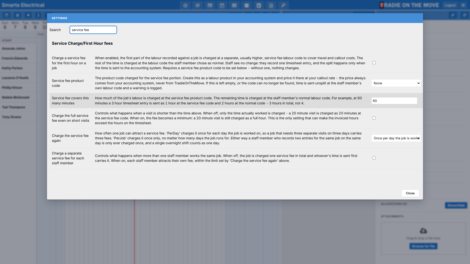 The Settings screen filtered to the Service Charge/First Hour fees category, showing every setting