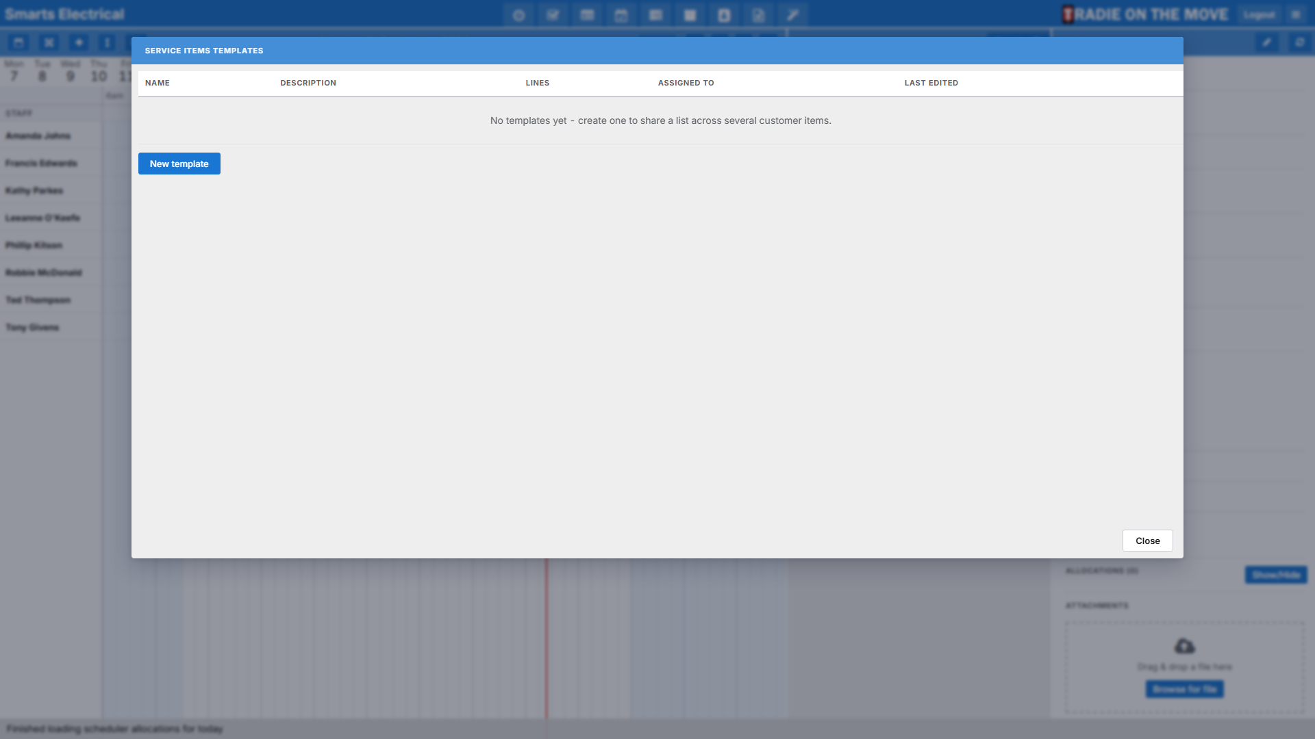 The Service Items Templates screen, listing each template with its line count and how many items use it