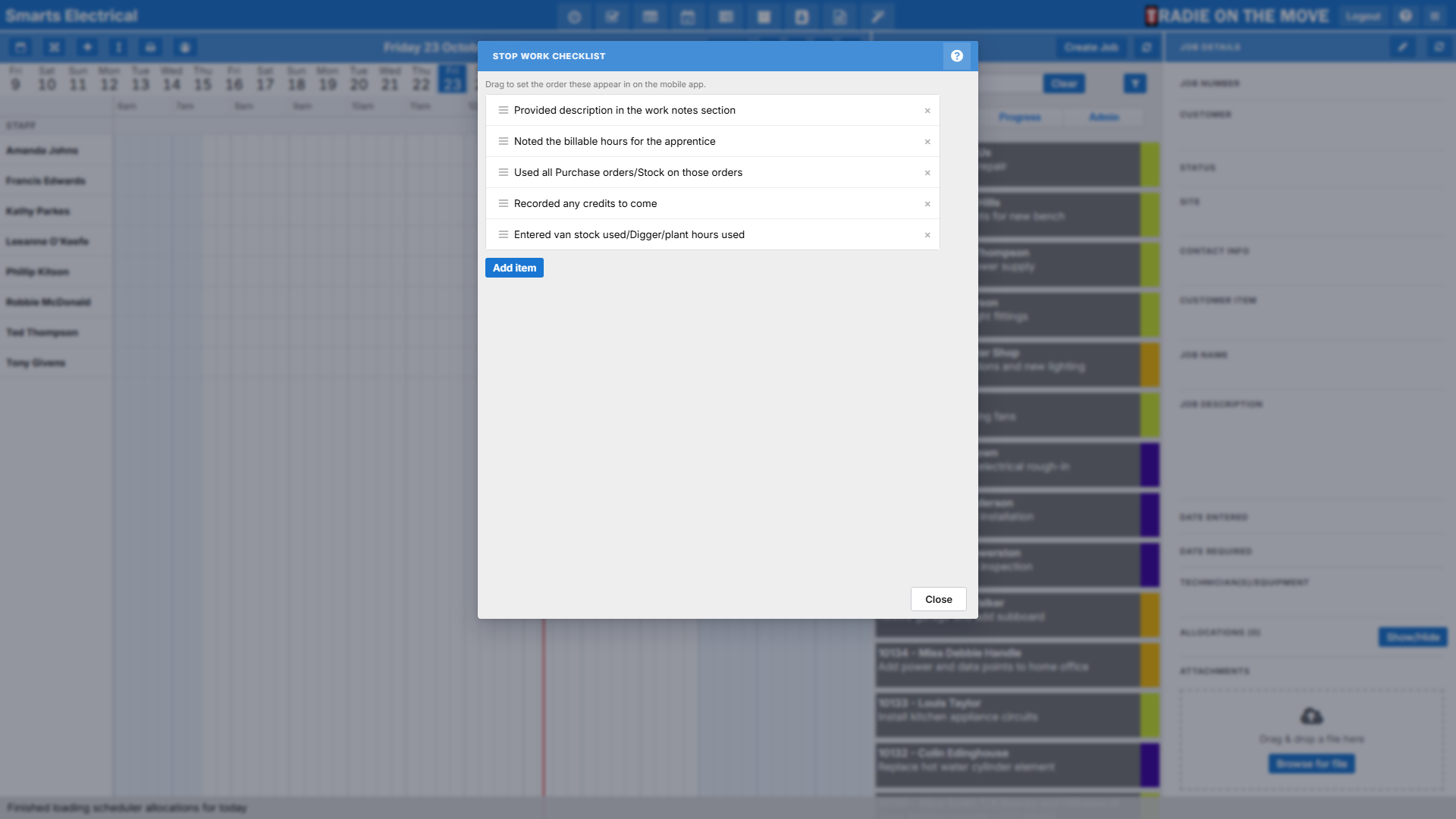 The Stop Work Checklist settings screen, listing the items in order