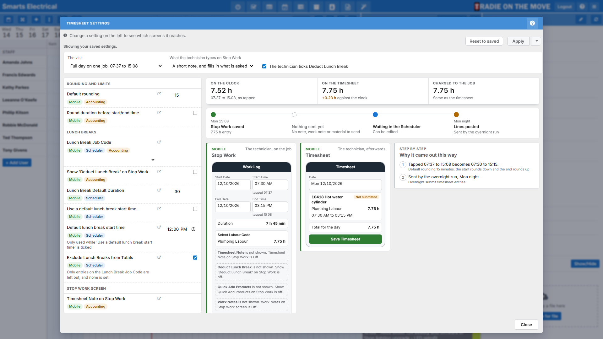 The Timesheet Settings screen: the settings rail on the left, and an example visit worked through on the right